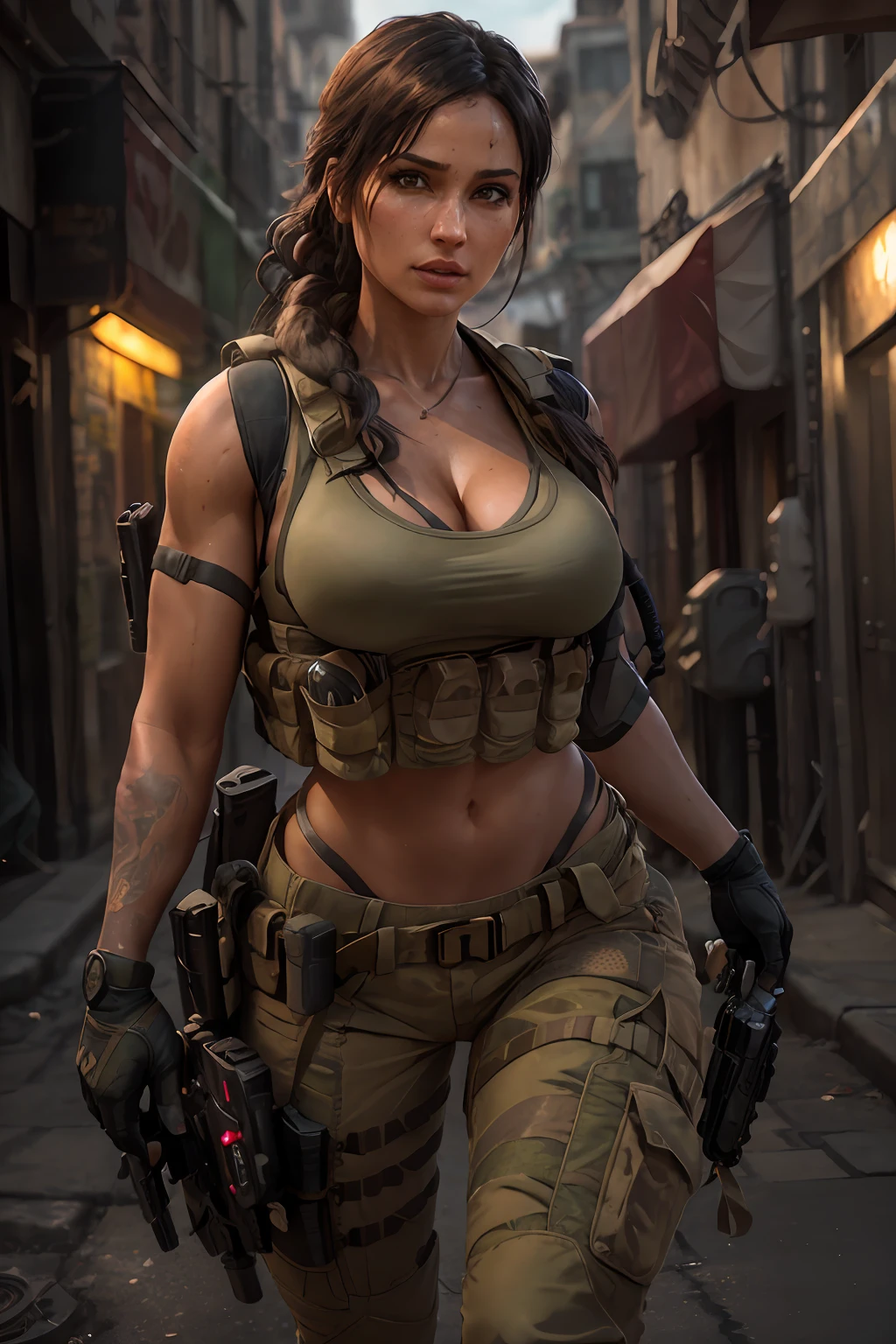 octane render, hdr, (hyperdetailed:1.3), (frontal soft light, sharp:1.2), Beautiful (Lara Croft:1) in a street, detailed face, perfect body, cinematography, maximum details, neutral colors, hdr, soft cinematic light, insane details, ((realistic filter)), (look at camera), (perfect legs), (perfect breast),random view, (regular hip), ((pull up thonga)), Tacticool, (vest:1.2), military, (cleavage)