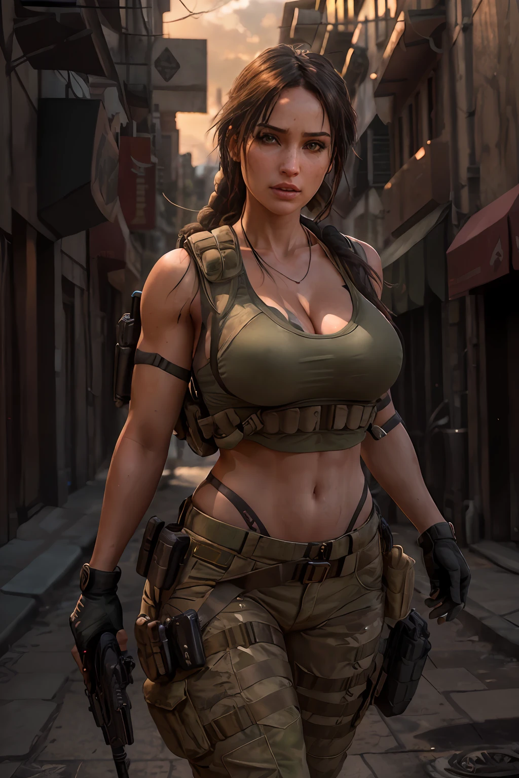 octane render, hdr, (hyperdetailed:1.3), (frontal soft light, sharp:1.2), Beautiful (Lara Croft:1) in a street,  detailed face, perfect body, cinematography, maximum details, neutral colors, hdr, soft cinematic light, insane details, ((realistic filter)),   (look at camera), (perfect legs), (perfect breast),random view, (regular hip), ((pull up thonga)), Tacticool, (vest:1.2), military, (cleavage)