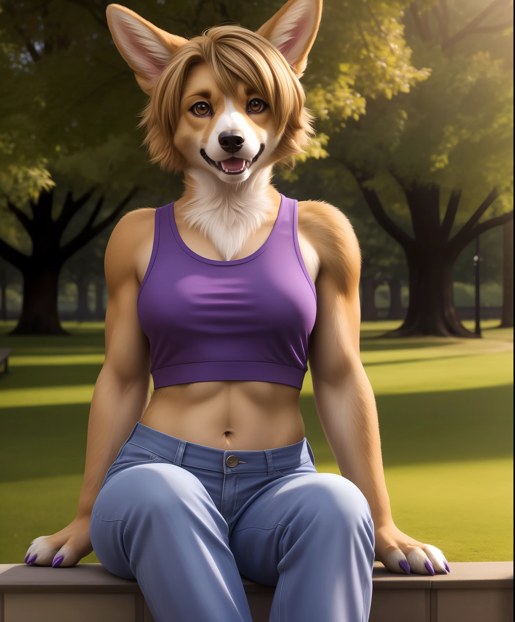 ust shot, detailed London park setting, warm lighting, (solo:1.3), BREAK, staring into the camera, 20 years old, anthro dog corgi female with tan and white fur, muscular, lean build, fluffy tail, brown eyes, (short blonde hair, bob cut hairstyle), dog snout, canine teeth, fangs, (realistic fur, hairy fur, wiry hair over body, fur over body, detailed fur texture), (wearing a purple crop top, wearing blue jeans), small breasts, claws, paws, pink paw pads