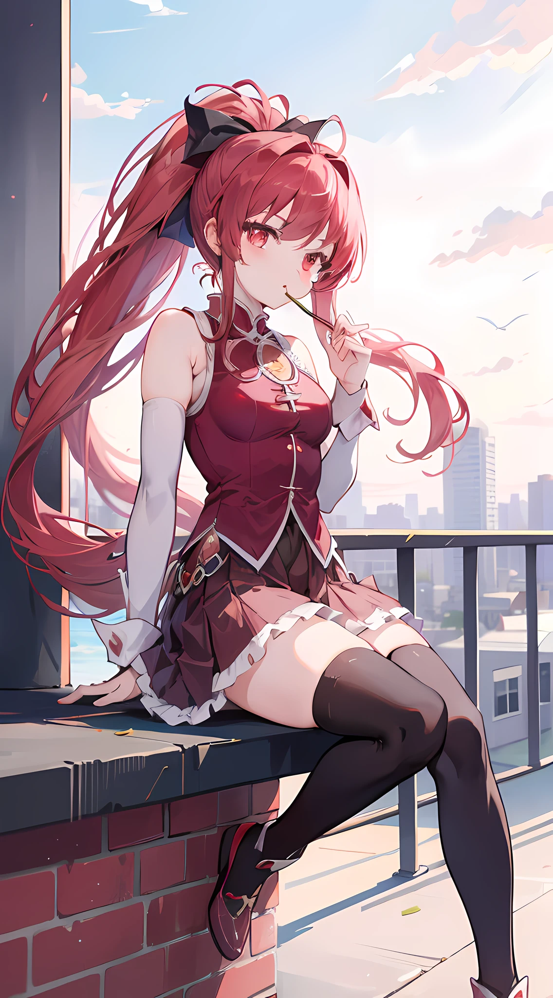 1girl, red long hair, ponytail, skirt, sitting on a building edge, eating pocky, high res, 8k, looking at viewer, ultrasharp, absurdes, masterpiece, magical girl