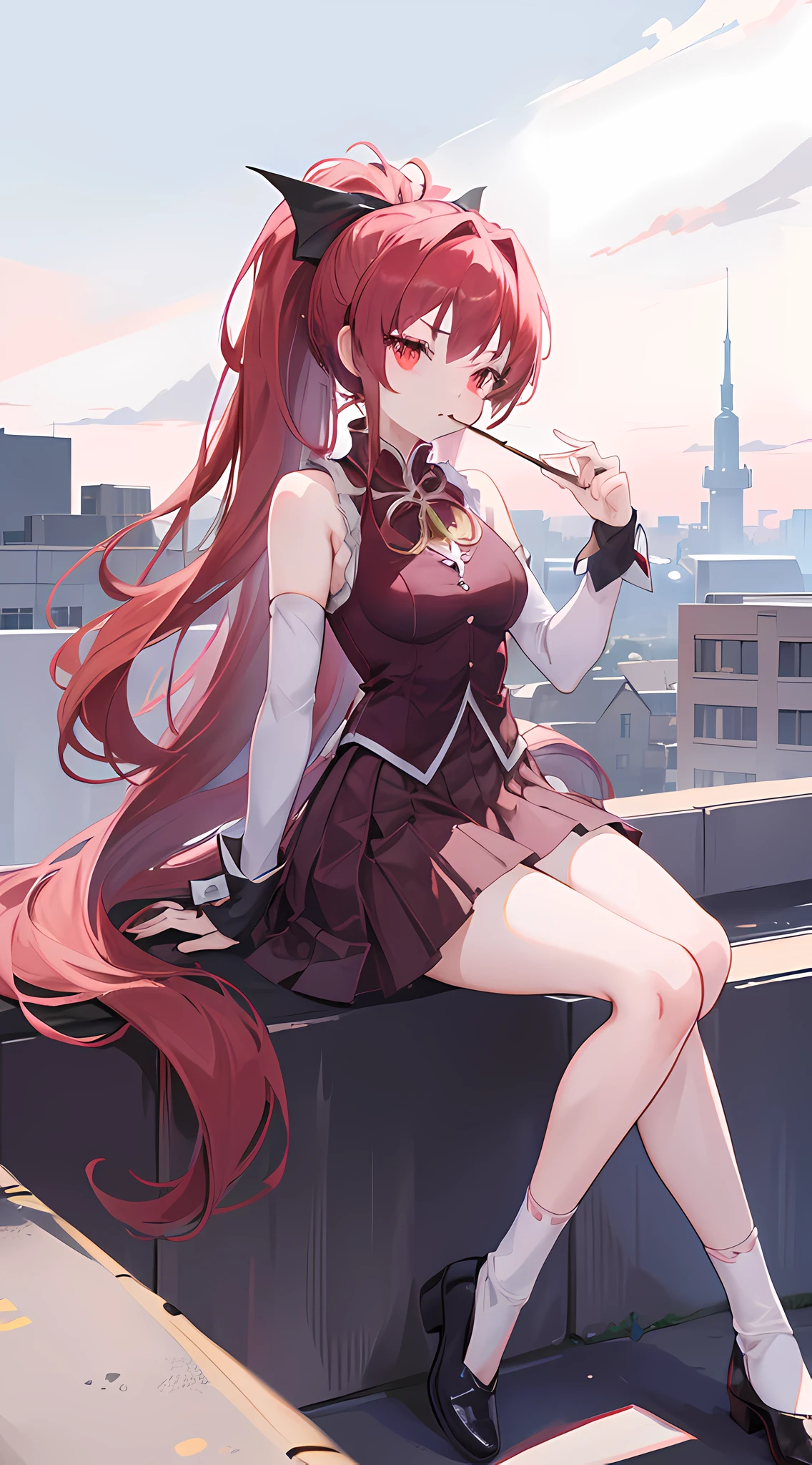 1girl, red long hair, ponytail, skirt, sitting on a building edge, eating pocky, high res, 8k, looking at viewer, ultrasharp, absurdes, masterpiece, magical girl