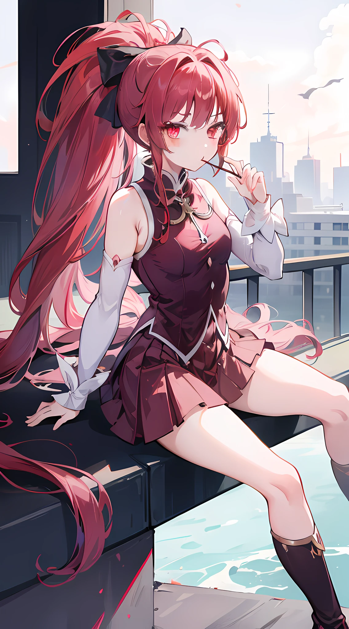 1girl, red long hair, ponytail, skirt, sitting on a building edge, eating pocky, high res, 8k, looking at viewer, ultrasharp, absurdes, masterpiece, magical girl