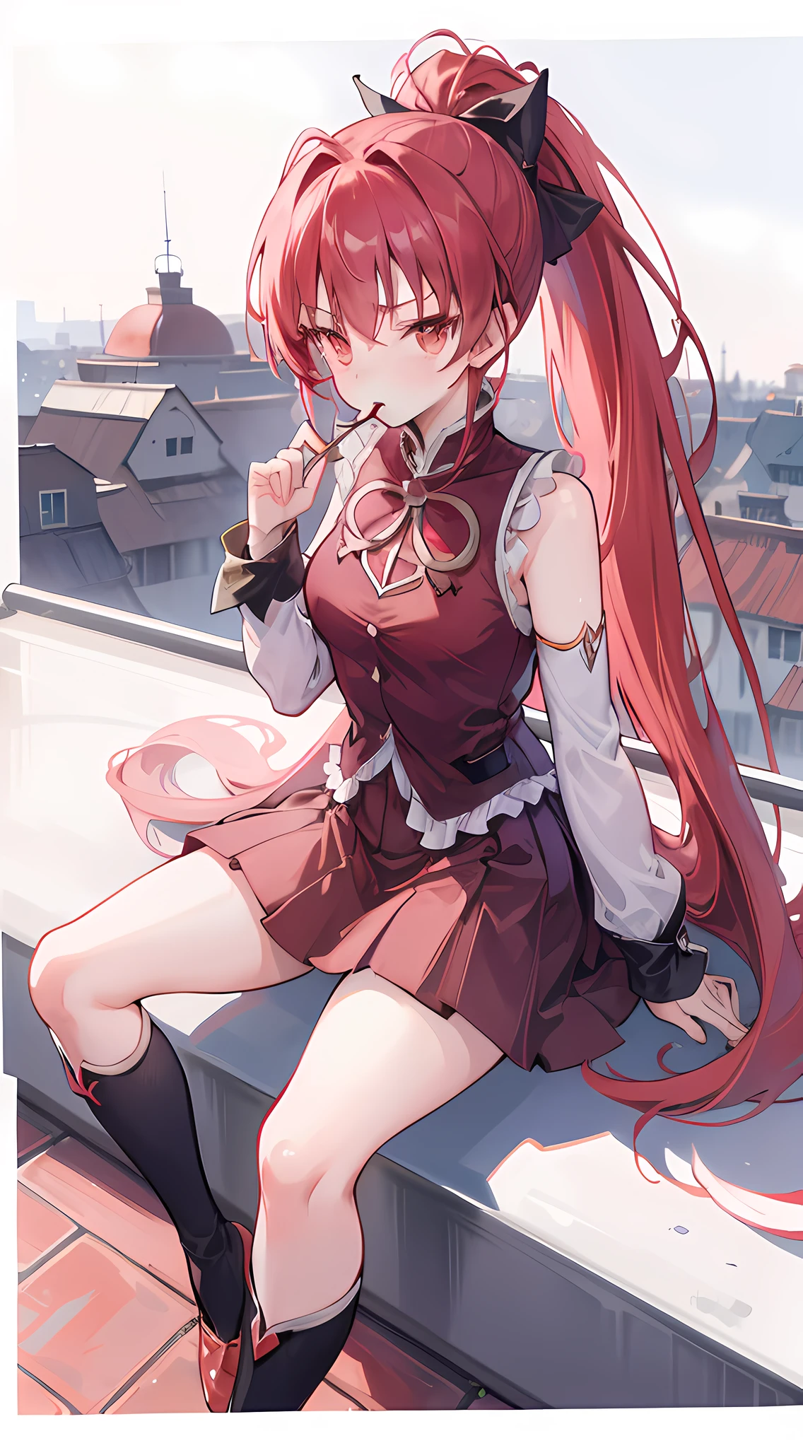 1girl, red long hair, ponytail, skirt, sitting on a building edge, eating pocky, high res, 8k, looking at viewer, ultrasharp, absurdes, masterpiece, magical girl