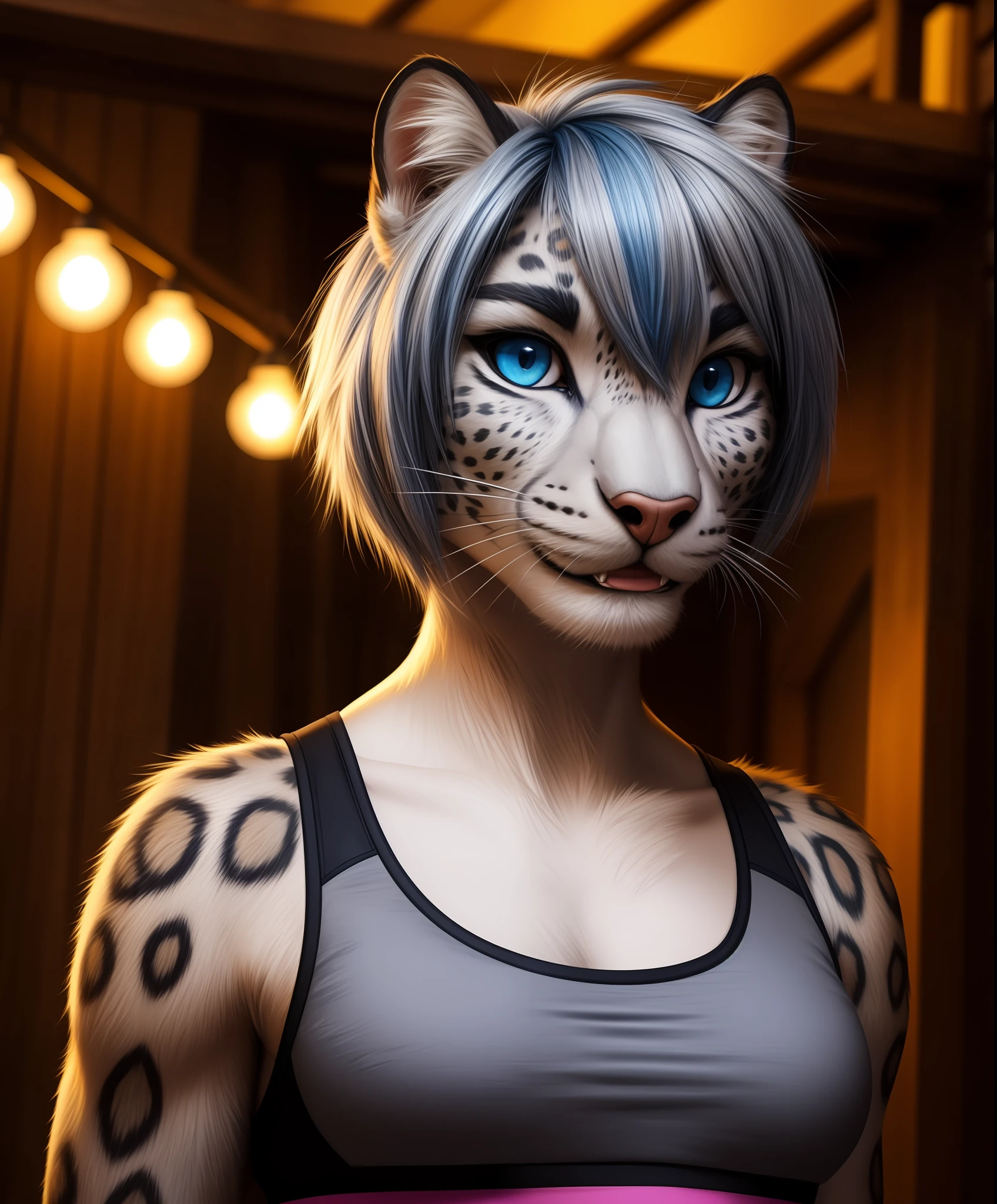 bust shot, detailed ski resort setting, cool lighting, (solo:1.3), BREAK, staring into the camera, 20 years old, anthro leopard snow leopard female with white spotted fur, muscular, lean build, thin tail, blue eyes, (short silver hair, asymmetrical cut hairstyle), leopard snout, feline teeth, fangs, (realistic fur, hairy fur, wiry hair over body, fur over body, detailed fur texture), (wearing a grey sports bra, wearing black shorts), claws, paws, black paw pads