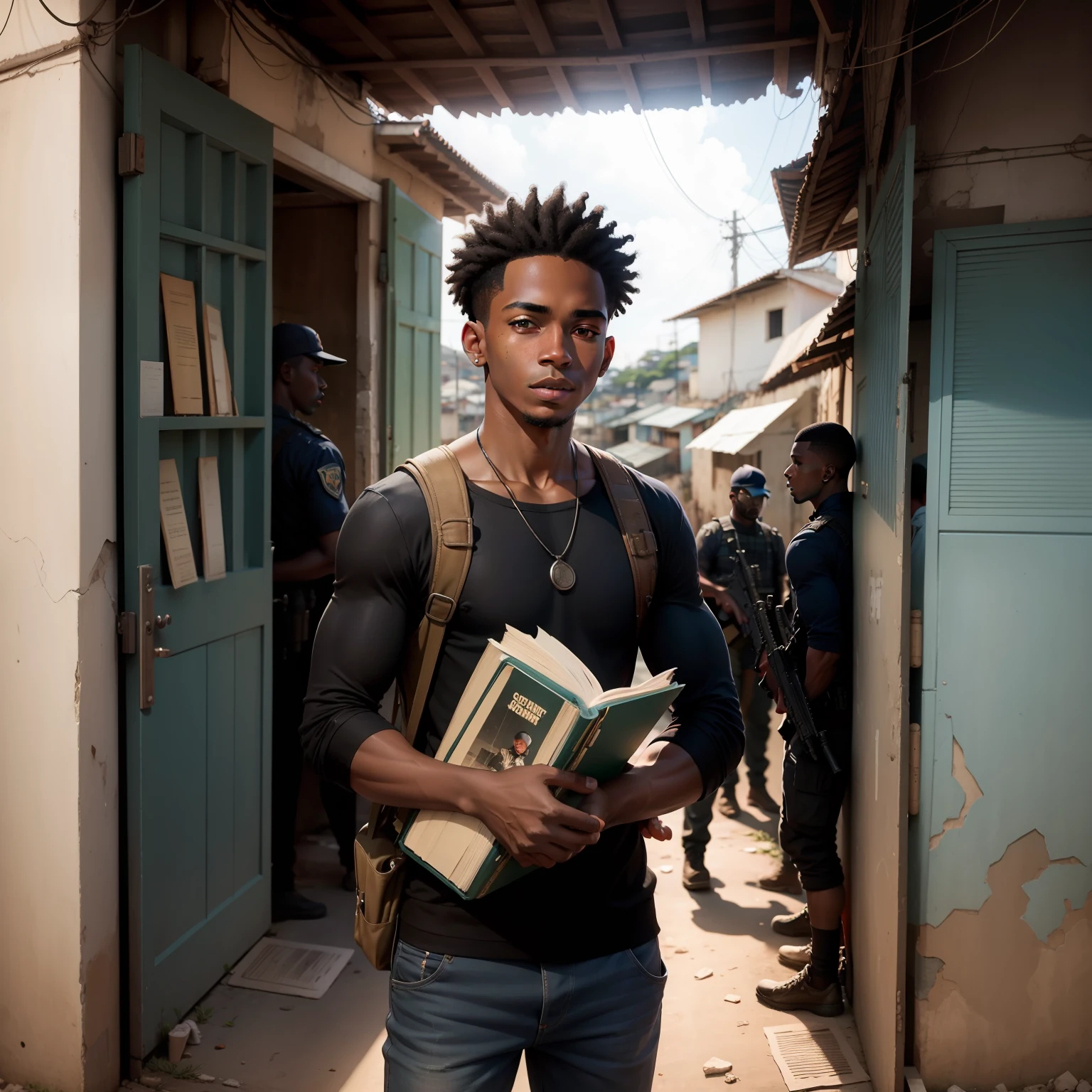 Young black man with books in his hands at the entrance of the favela with armed people around