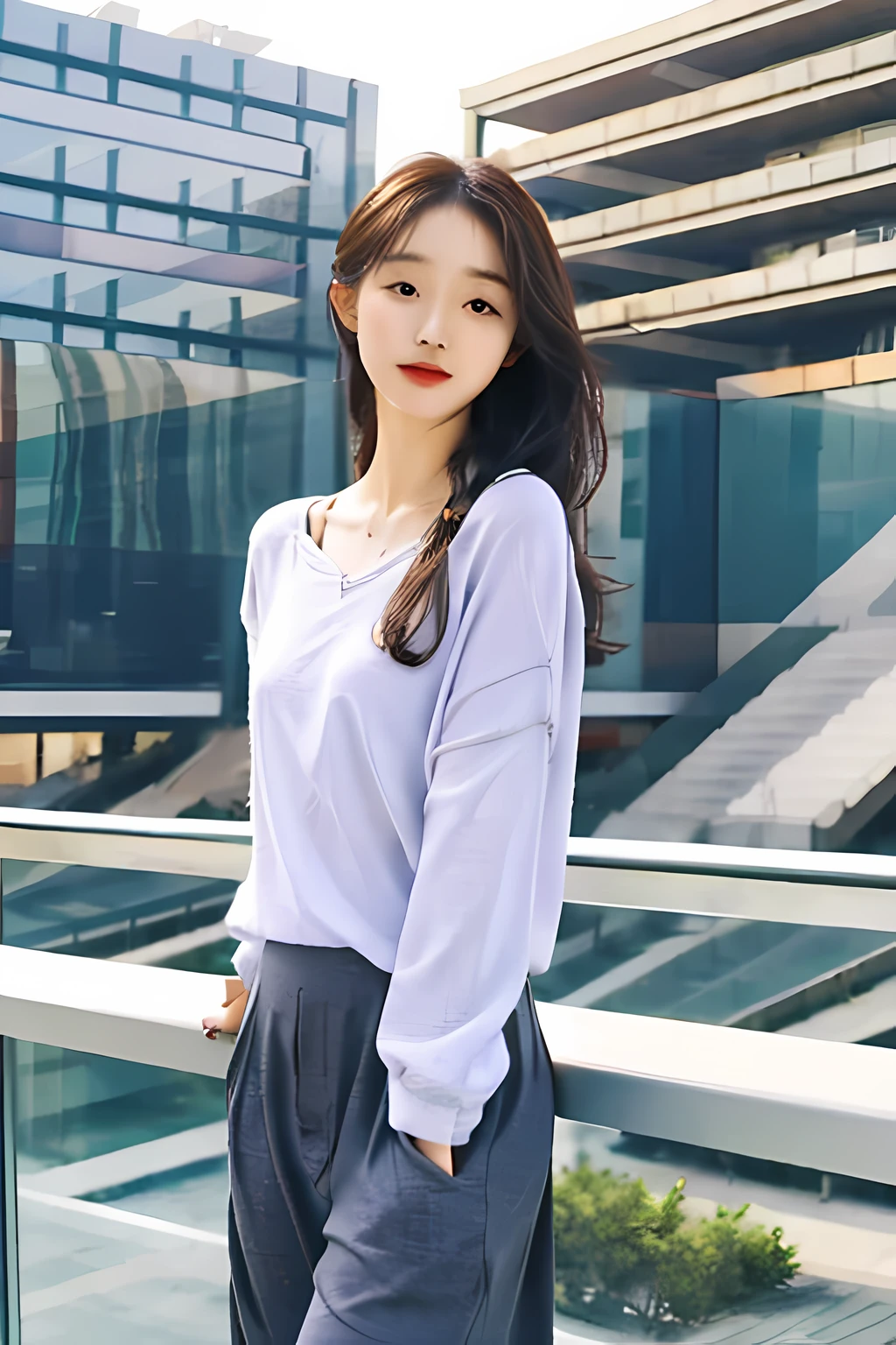 Standing on Balcony，Hold the railing with both hands，looking at viewert，long whitr hair，k hd，4K