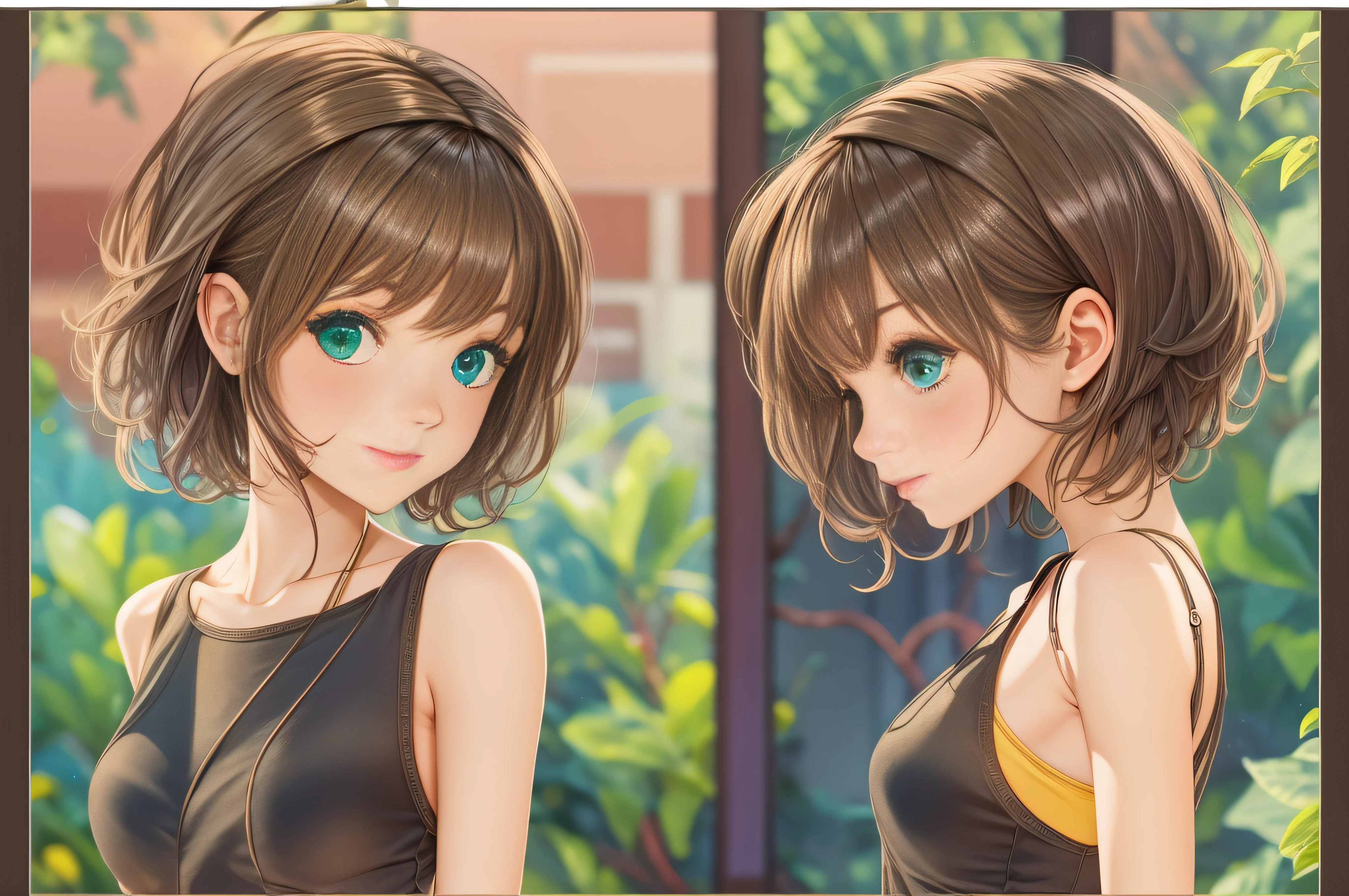 Vista de cuerpo completo, art anime profesional, Young woman 16 years old, seductora profesional, Short dark brown hair, ojos color caramelo verde, Ankha, delgada de cuerpo perfecto, Symmetrical and cheerful face, ropa ajustada , transparente, Pose sexy, 8k, Detalles intrincados, Professional 50mm camera