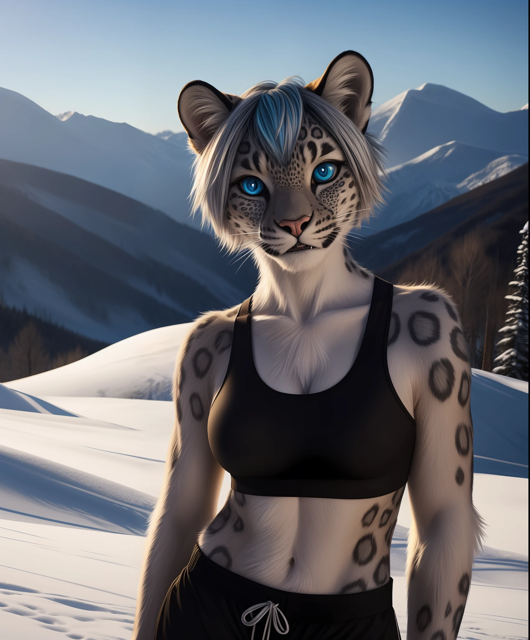 bust shot, detailed ski resort setting, cool lighting, (solo:1.3), BREAK, staring into the camera, 20 years old, anthro leopard snow leopard female with white spotted fur, muscular, lean build, thin tail, blue eyes, (short silver hair, asymmetrical cut hairstyle), leopard snout, feline teeth, fangs, (realistic fur, hairy fur, wiry hair over body, fur over body, detailed fur texture), (wearing a grey sports bra, wearing black shorts), claws, paws, black paw pads