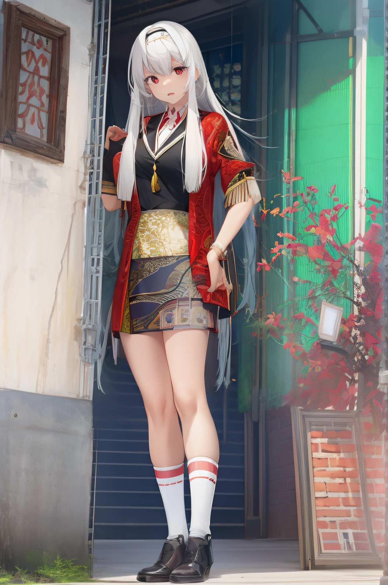 femele, Height 1.Under 5 meters, ????? a full-body photo, Two hands behind you, stooped, White straight hair, red color eyes, largeeyes, shyexpression, Cheeks bulg, beast ear, high school senior, black long socks, Unbeatable expression, Flowing hair, Smaller chest, Asia face, There are front hair with bangs,Cover your forehead, Black city outdoor background, thin very long legs, big breasts thin waist