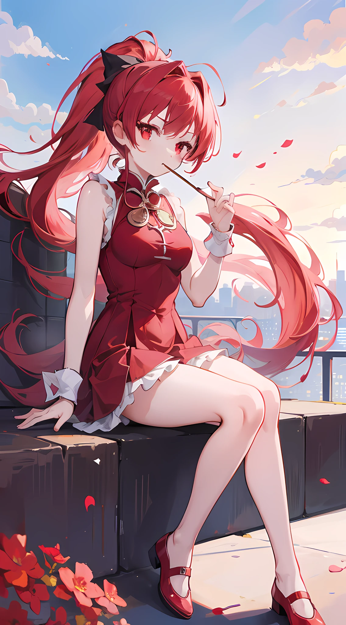 1girl, red long hair, ponytail, red dress, sitting on a building edge, eating pocky, high res, 8k, looking at viewer, ultrasharp, absurdes, masterpiece, magical girl