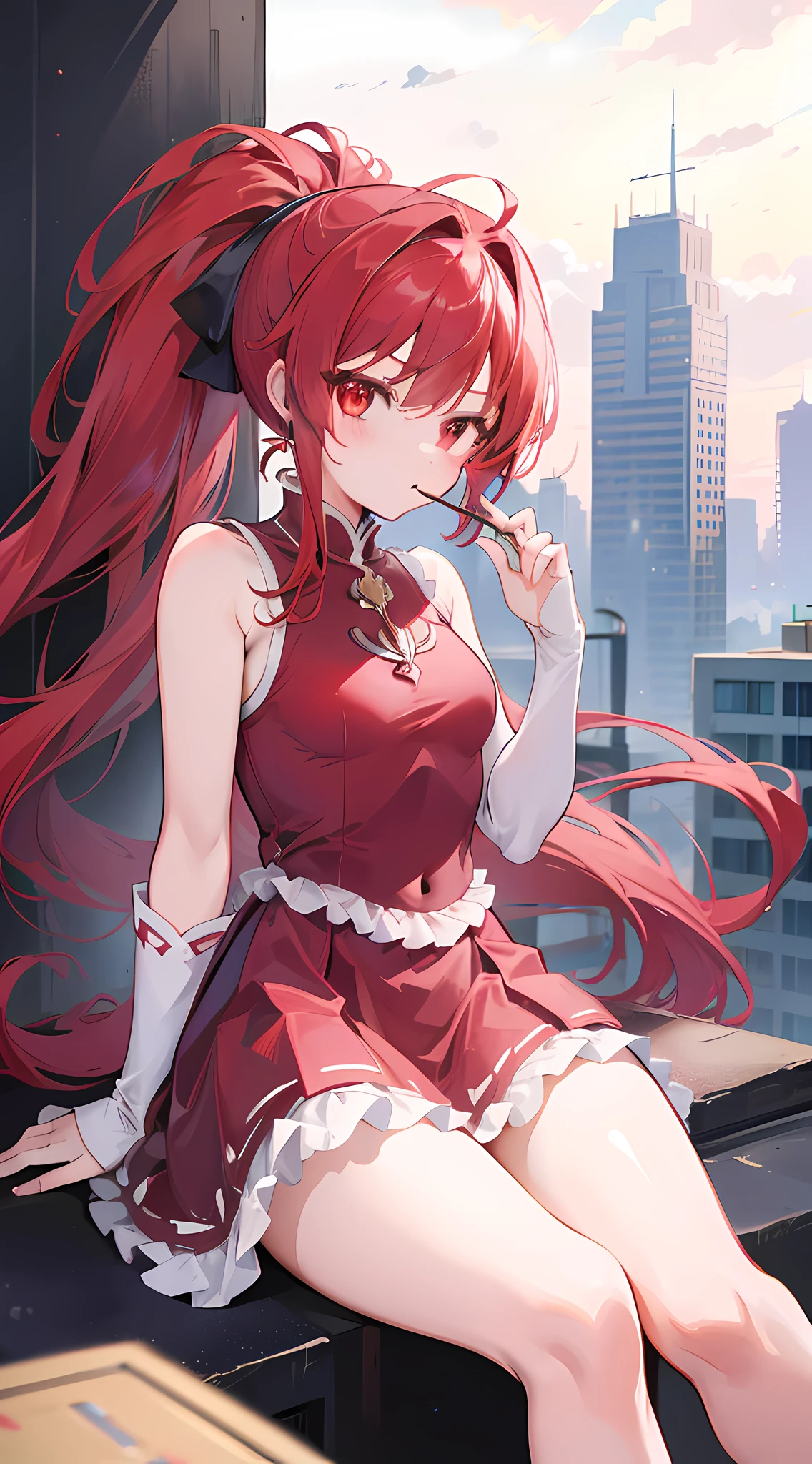 1girl, red long hair, ponytail, red dress, sitting on a building edge, eating pocky, high res, 8k, looking at viewer, ultrasharp, absurdes, masterpiece, magical girl