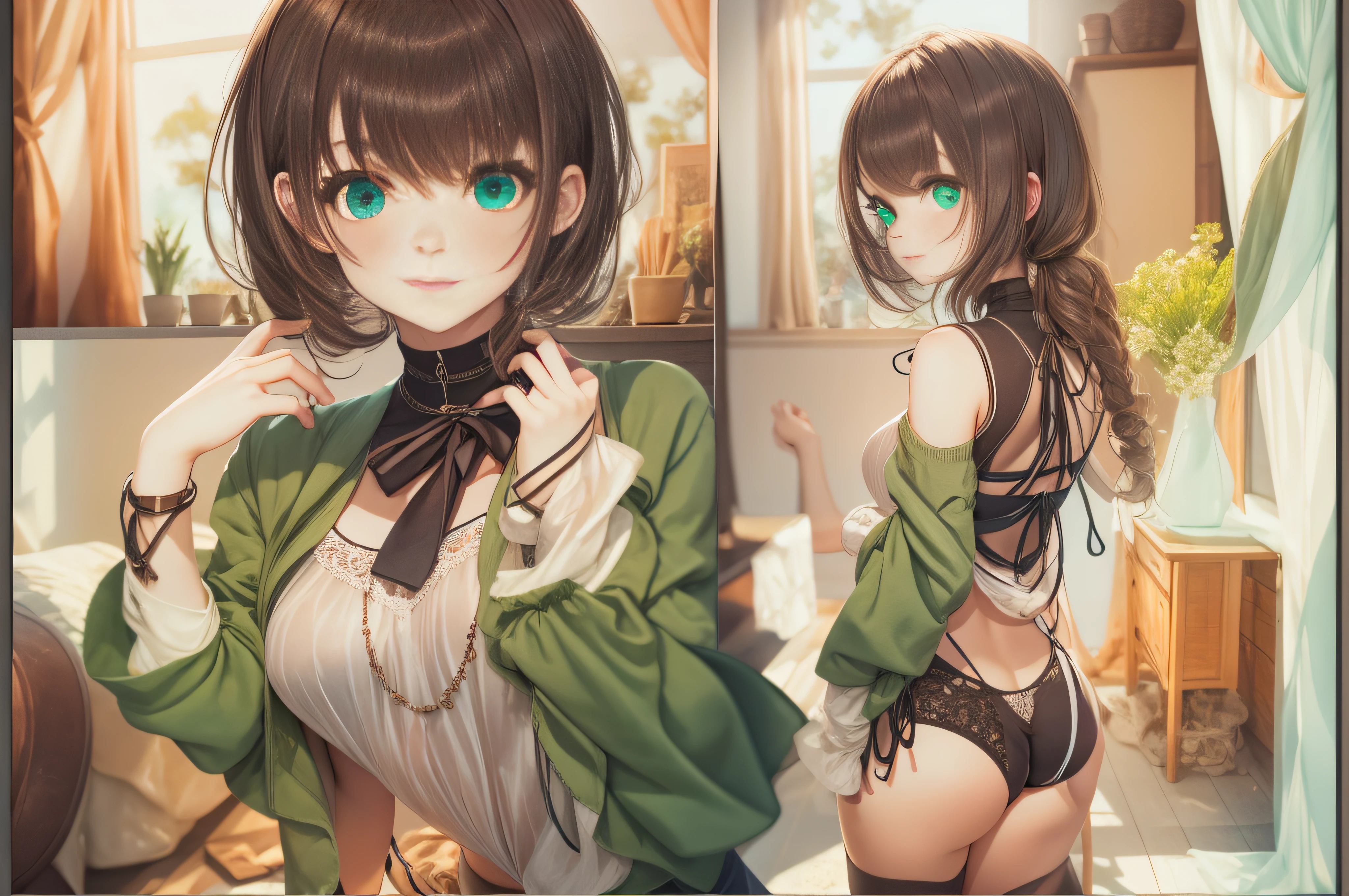 Vista de cuerpo completo, art anime profesional, Young woman , seductora profesional, Short dark brown hair, ojos color caramelo verde, Ankha, delgada de cuerpo perfecto, Symmetrical and cheerful face, ropa ajustada , transparente, Pose sexy, 8k, Detalles intrincados, Professional 50mm camera