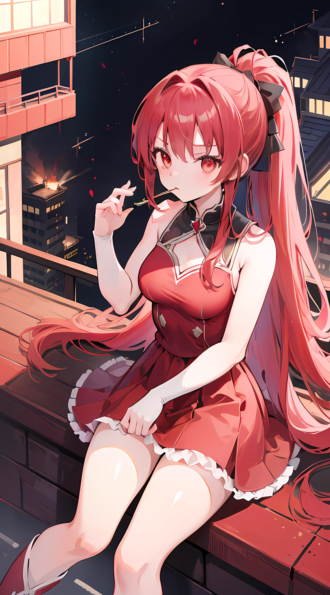 1girl, red long hair, ponytail, red dress, sitting on a building edge, eating pocky, high res, 8k, looking at viewer, ultrasharp, absurdes, masterpiece, magical girl