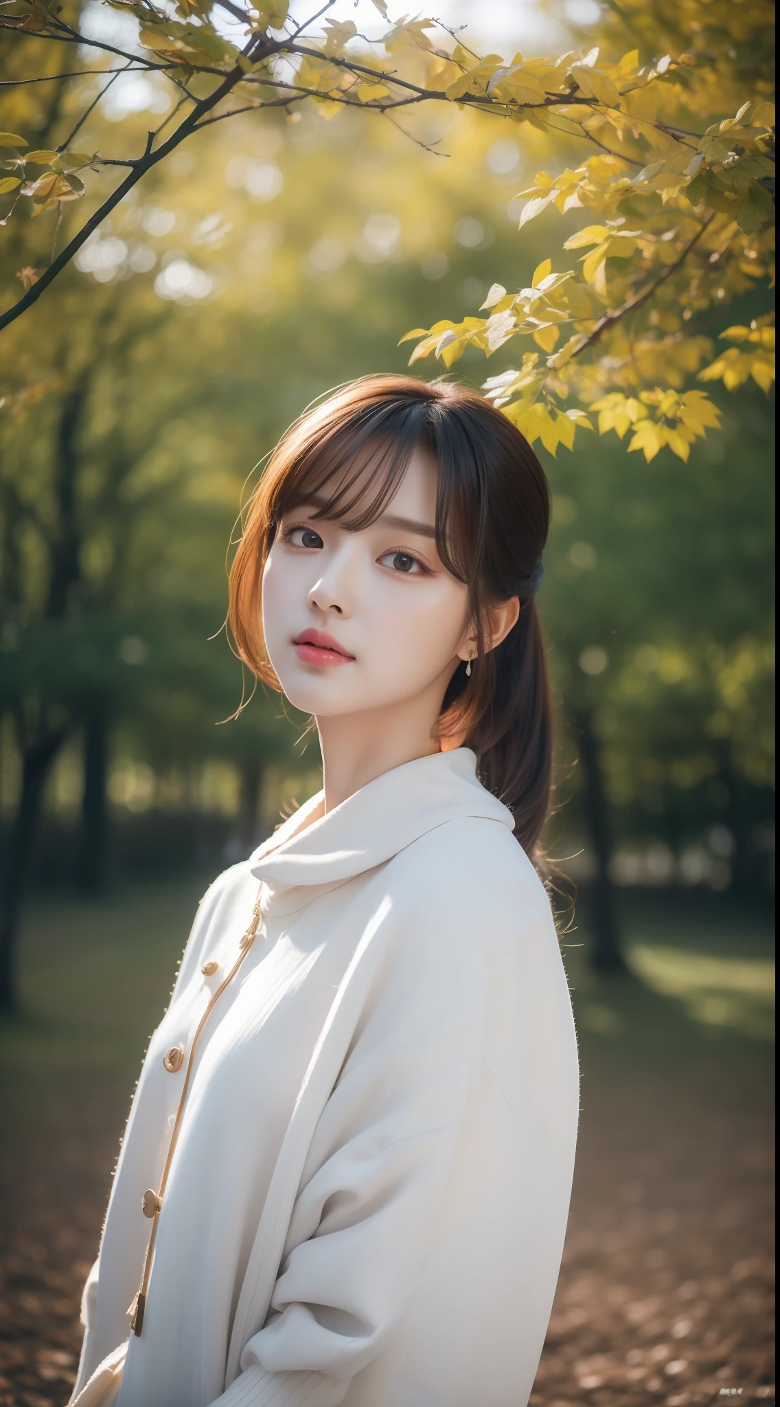 (8k, RAW Photo, Best Quality, Masterpiece: 1.2), (Realistic, Photo Real: 1.37), Professional Lighting, Photon Mapping, Teleportion, Korean Girl, Park, White Autumn Wear
