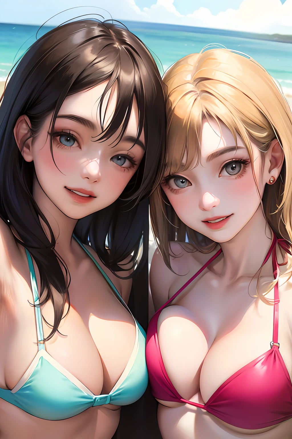 Realistic, Selfie of two girls, close contact with both breasts, wearing a bikini, big breasts, smiling face