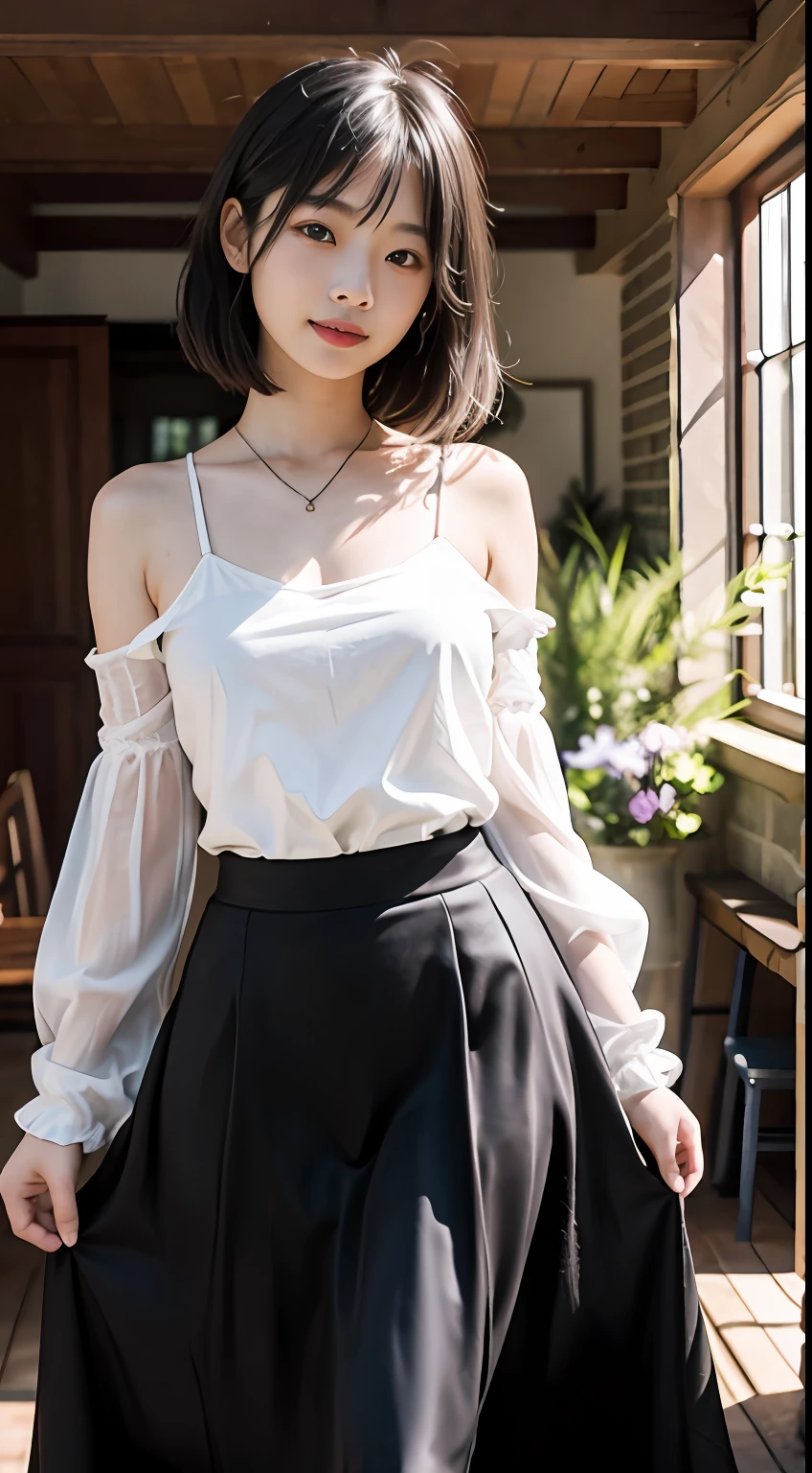 tmasterpiece、top-quality、真实感,Three-dimensional feeling,physically-based renderingt,A high resolution,A female high school student,Medium height,with a good figure,Short black shoulder-length hair、Summer clothes,long skirt,longer sleeves、Not exposed,ssmile,Toothy,slightly red face,Inside the country cottage,Fresh and unearthly,Well laid out,with whole body visible,Front Shooting,SLR shooting