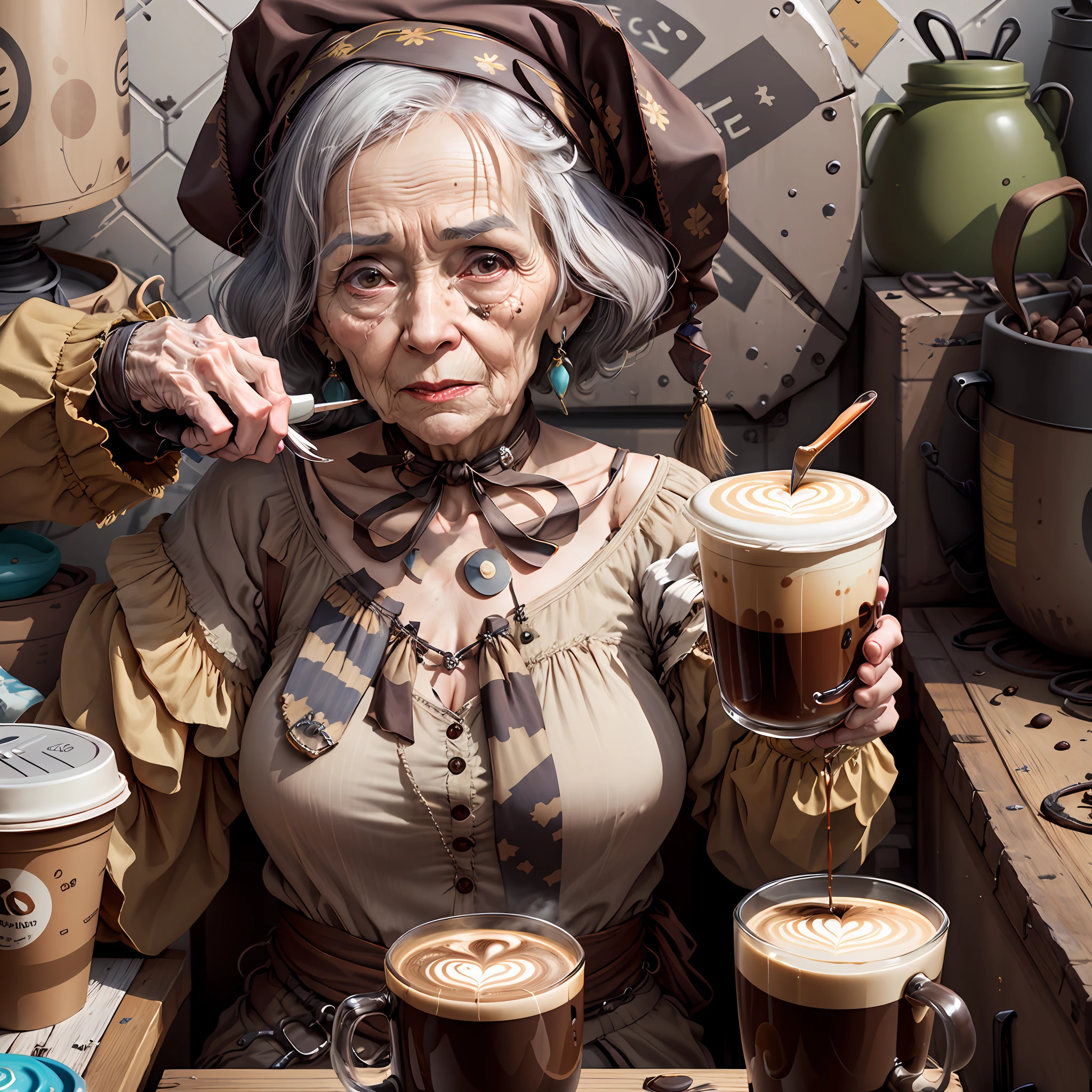 Elderly woman addicted to coffee