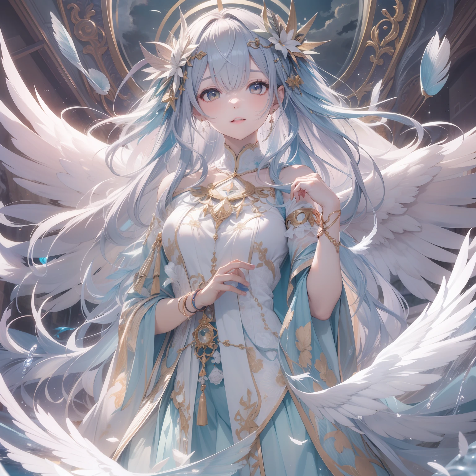 (​masterpiece), (top-quality:1.4), , [:intricate-detail:0.2], Heavenly daughter, Water feather goromo, Holy, A shaking aura, Intense focus, God of Heavenly Virgins々Clothing, mystic symbols, Shimmering water,Soft body，