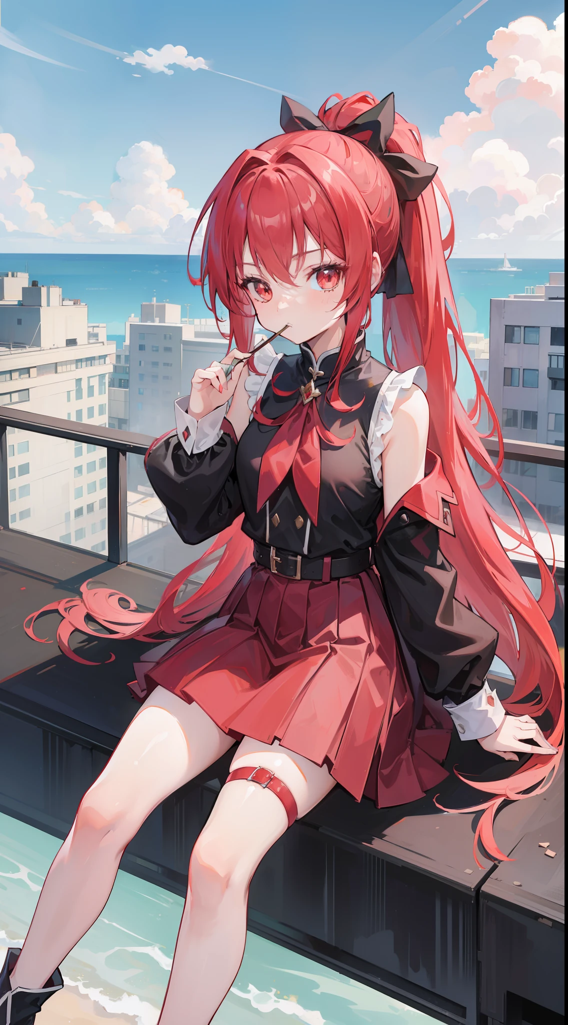 1girl, red long hair, ponytail, skirt, sitting on a building edge, eating pocky, high res, 8k, looking at viewer, ultrasharp, absurdes, masterpiece, magical girl