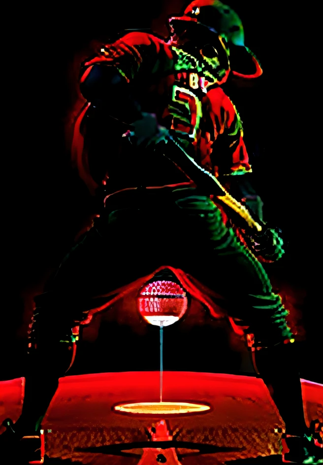 Silhouette of man waving a bat in a baseball uniform, diffuse outline, thick outline, Outlined!!!, zoomed out full body, strong outline, drawn in microsoft paint, rorsach path traced, single silhouette figure, 2 d sprites, View(full bodyesbian + zoomout), human silhouette, distorted pose, path traced, Outlined