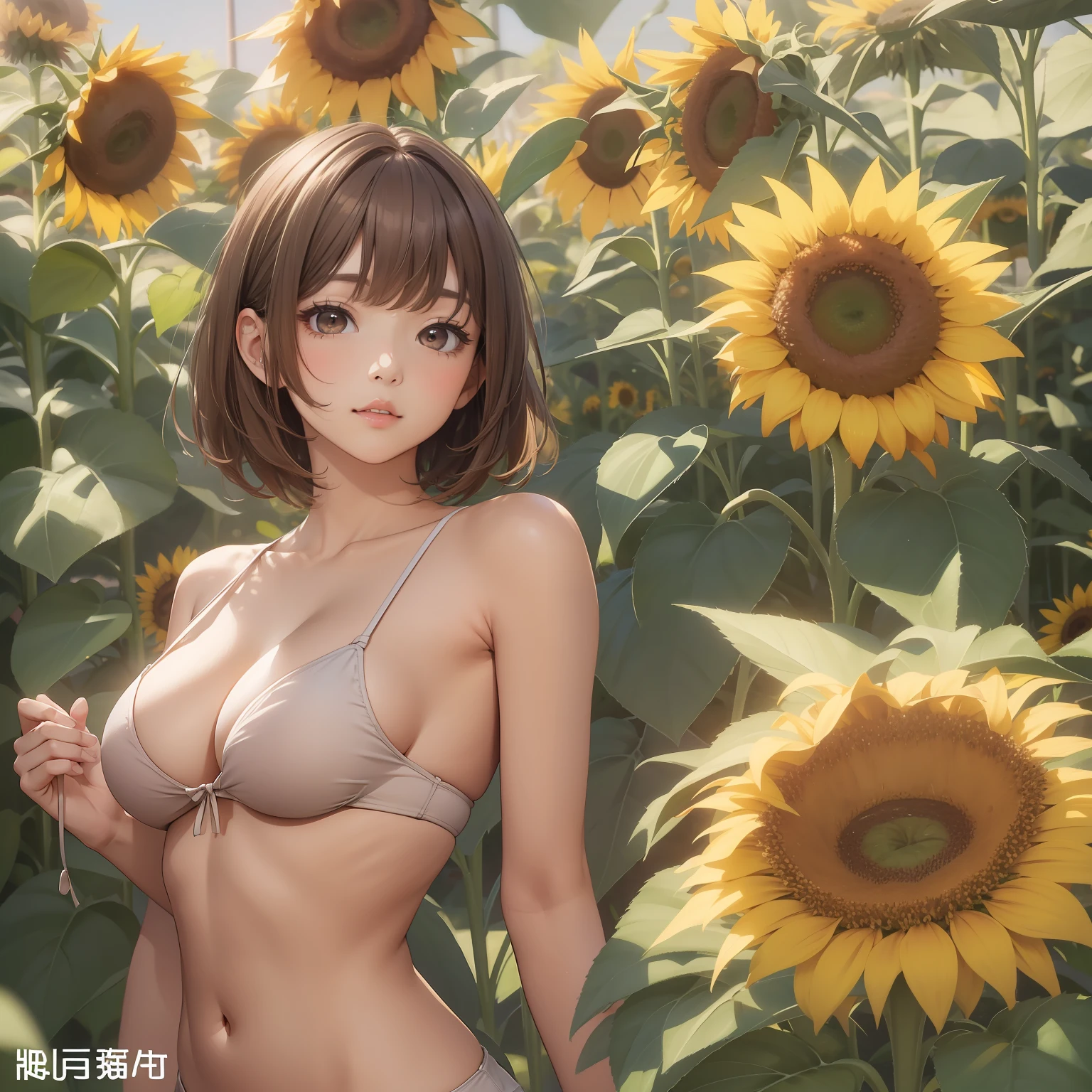 hightquality、in 8K、1girl in、1 sunflower、comparison of statures、Outdoor Clothing、large full breasts、独奏、hight resolution、perfect-composition、looking at the viewers、perfect bodies、face perfect、perfect brown eyes、Rip Bimbo、masterpiece、Small waist、sexypose、short-hair、