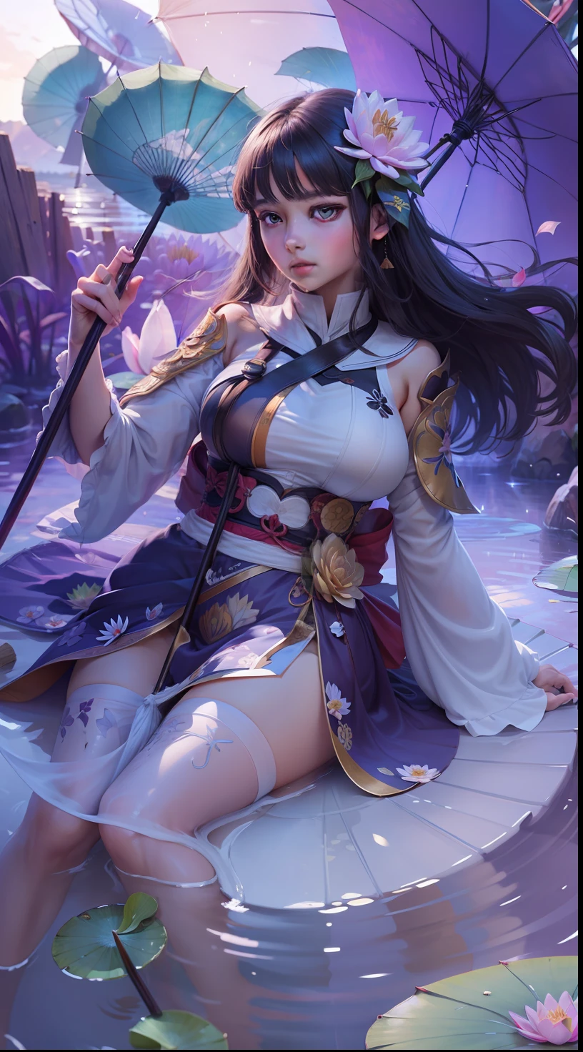 Kagura water lily, umbrella, 1 girl, realistic, ultra detail