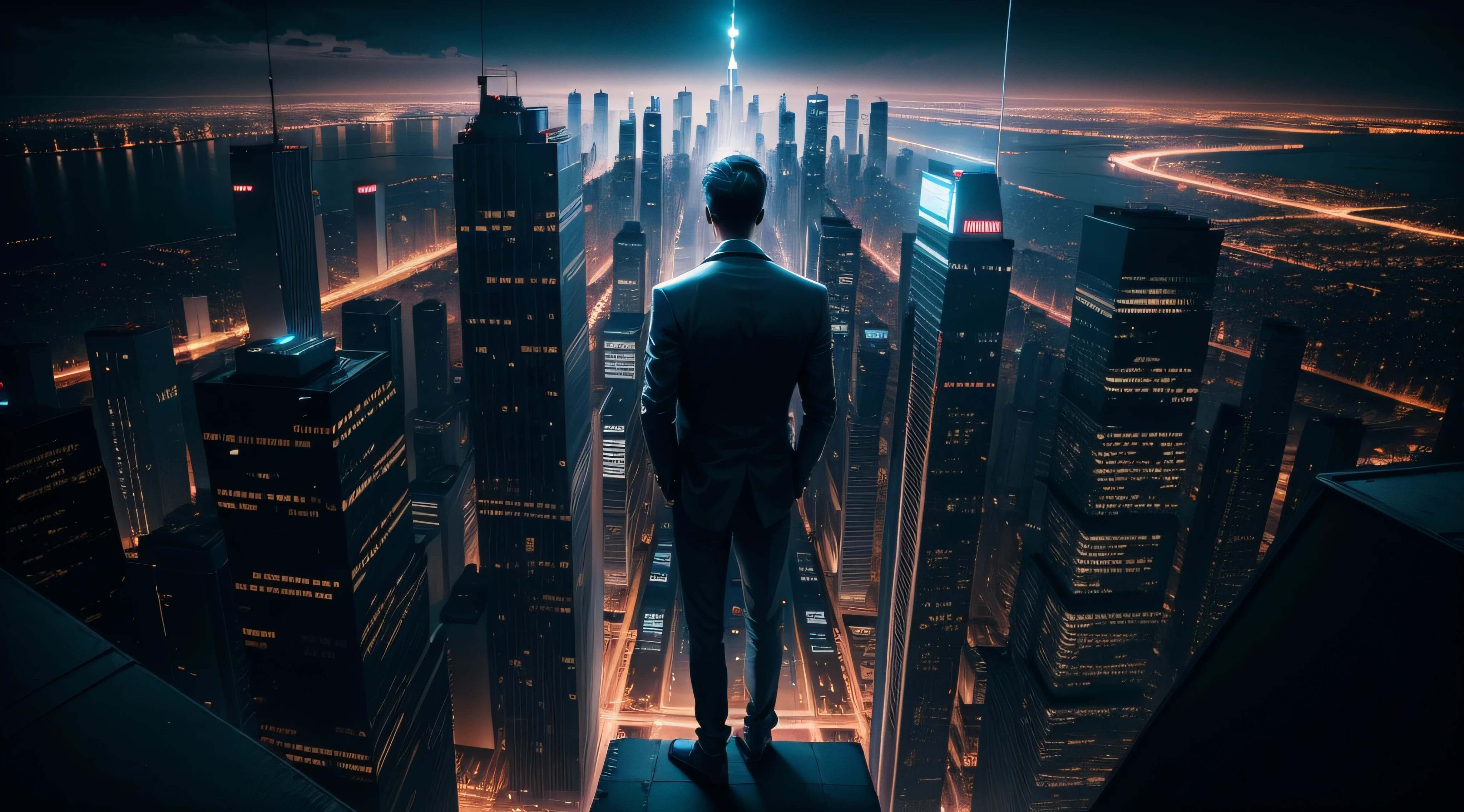 single man standing in the roof of the building, night, neons city