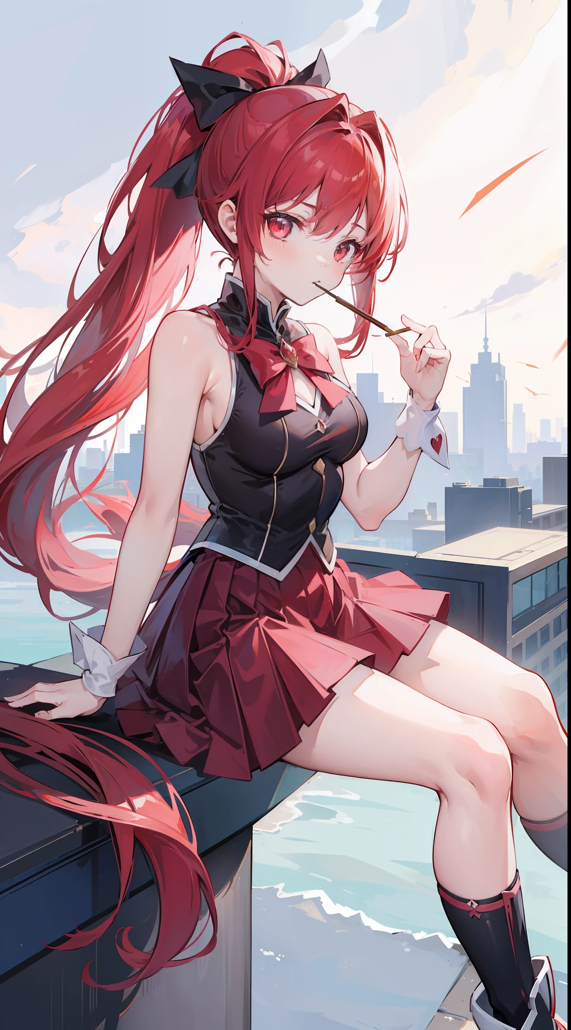 1girl, red long hair, ponytail, skirt, sitting on a building edge, eating pocky, high res, 8k, looking at viewer, ultrasharp, absurdes, masterpiece, magical girl