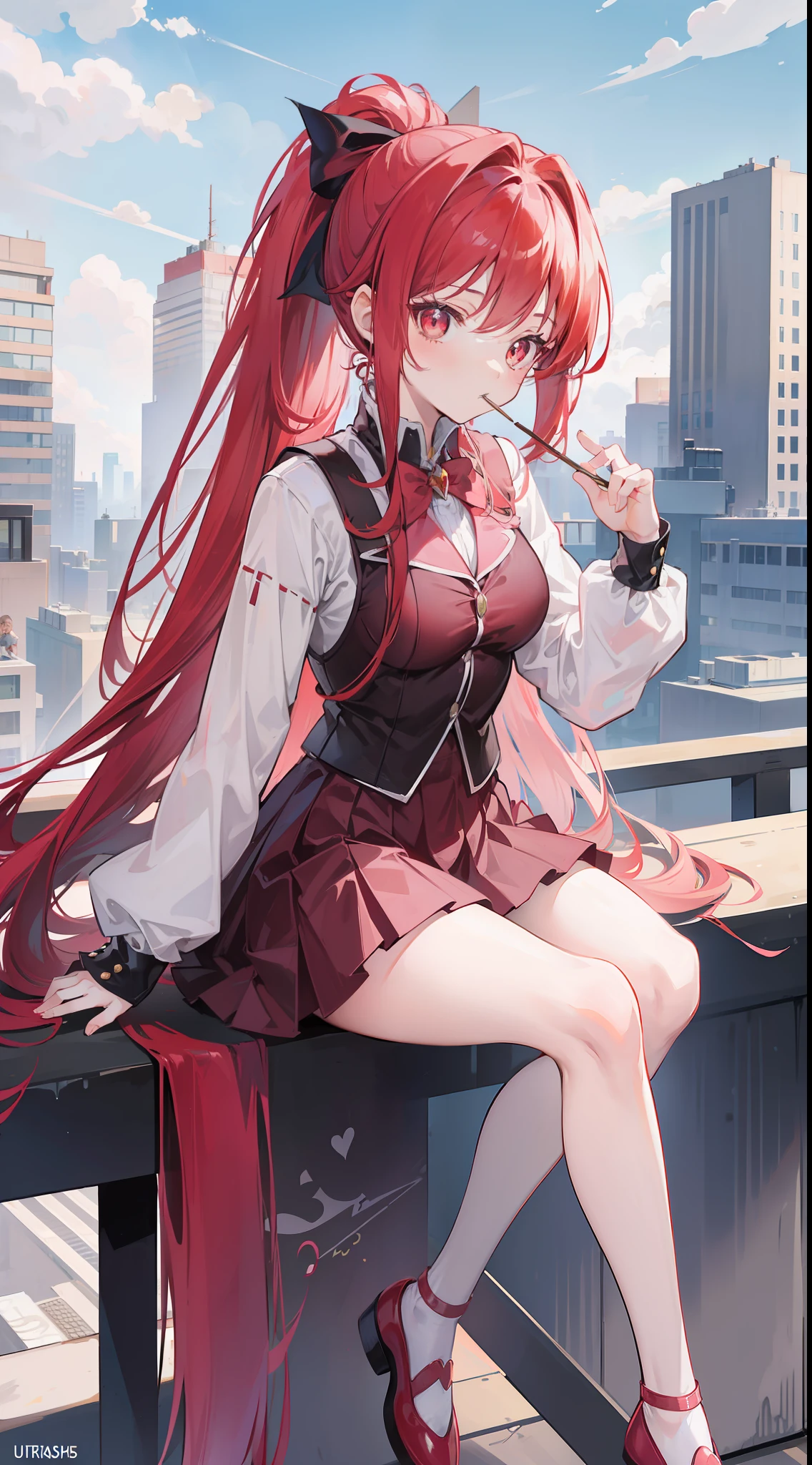 1girl, red long hair, ponytail, skirt, sitting on a building edge, eating pocky, high res, 8k, looking at viewer, ultrasharp, absurdes, masterpiece, magical girl