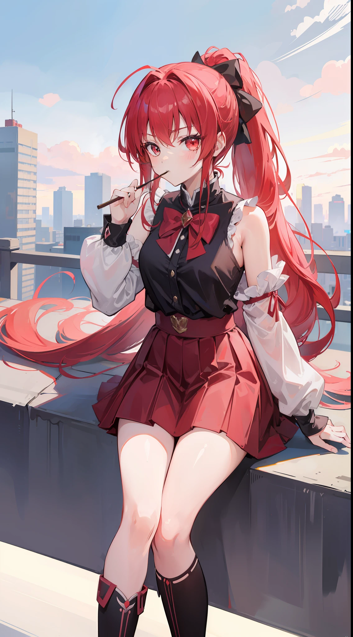 1girl, red long hair, ponytail, skirt, sitting on a building edge, eating pocky, high res, 8k, looking at viewer, ultrasharp, absurdes, masterpiece, magical girl