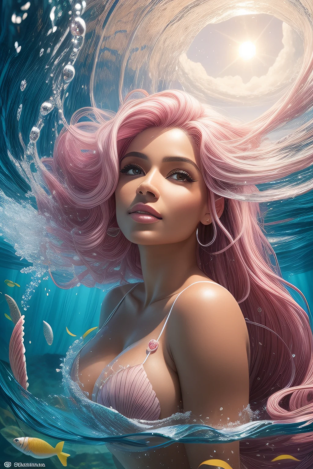 obra-prima, alta qualidade, foco afiado, uma sereia, flowing pink hair, coberto de conchas e algas, muitos peixes, oceano, rosto perfeito, maxilar perfeito, pele texturizada, beautifull lips, raios solares, warm ilumination, atmosfera fria, 8k, uhd, absurdres