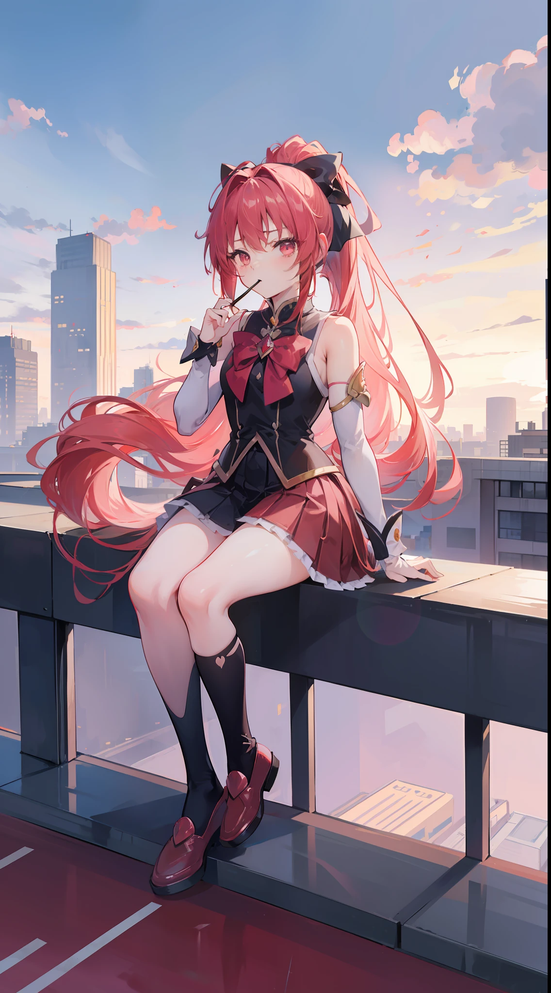 1gred long hair, ponytail, skirt, sitting on a building edge, eating pocky, high res, 8k, looking at viewer, ultrasharp, absurdes, masterpiece, magical girl