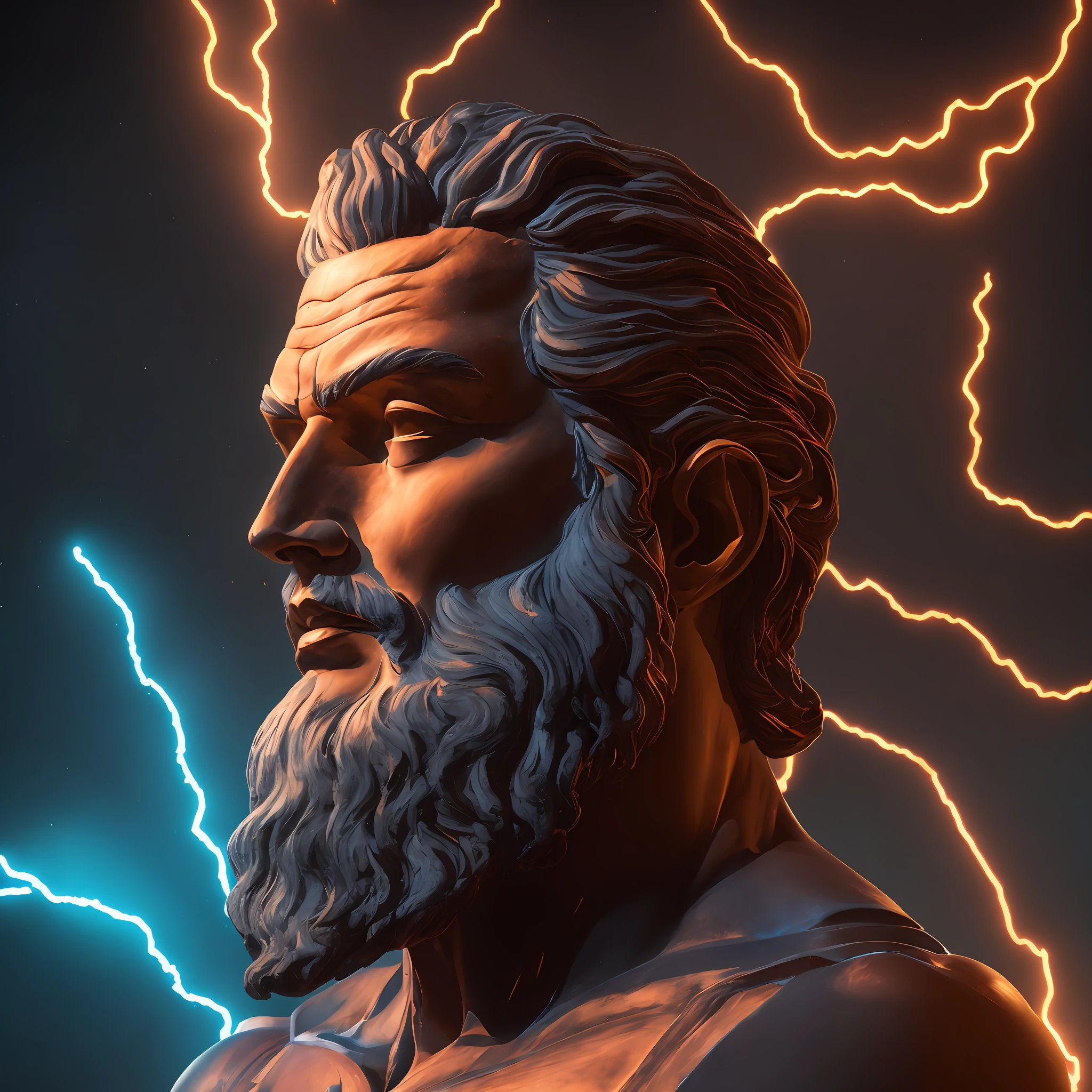 (neon lightning around the head:1.1), monument, (close-up of the head), epic scene of zeus, lightning, sharp focus, fantasy, concept art, dynamic lighting, epic composition, Michelangelo style,
