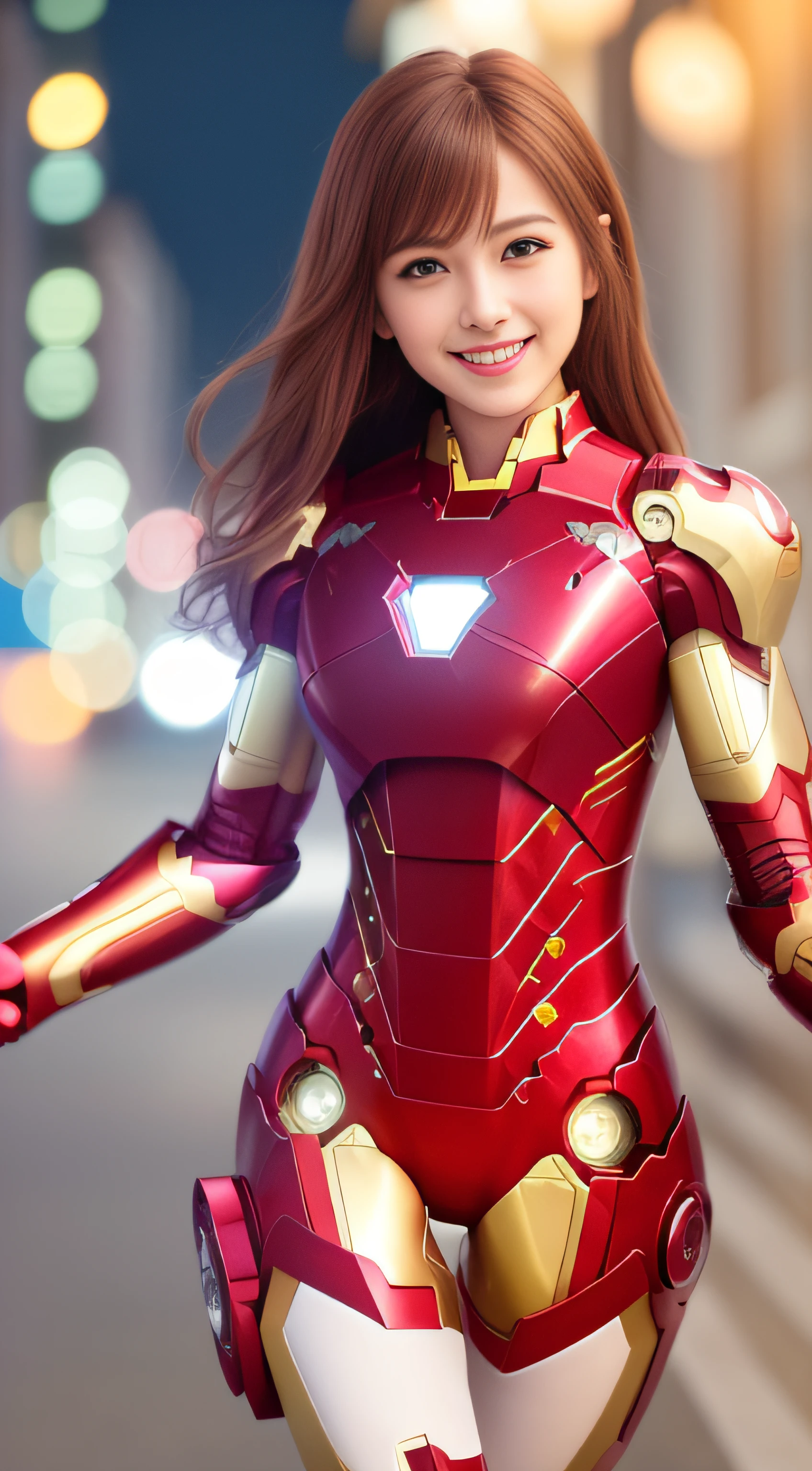 (8K, RAW photo:1.2),Best quality, 超A high resolution, Highly detailed,intricately details,Masterpiece,Ultra-detailed,illustration,A high resolution,Soft light,
1 girl , (highly detailed upper body dressed as iron man),((Show beautiful whole legs and side thighs)) ,Medium breasts, (Light brown hair:1), Detailed face, Cinematic,City, Night, view the viewer, pastel colour, Soft cinematic light, intricately details, Hyper-detailing, Masterpiece, hdr, Sharp focus, High quality, filmgrain,(Smiling face:1.5)