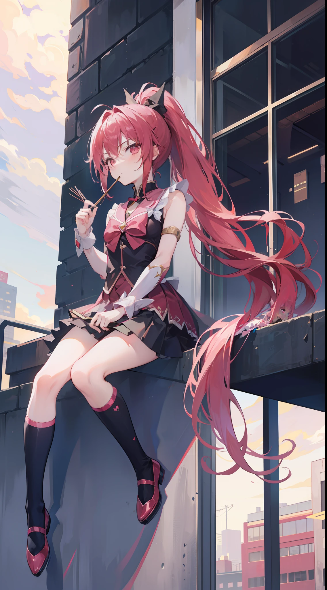 1gred long hair, ponytail, skirt, sitting on a building edge, eating pocky, high res, 8k, looking at viewer, ultrasharp, absurdes, masterpiece, magical girl