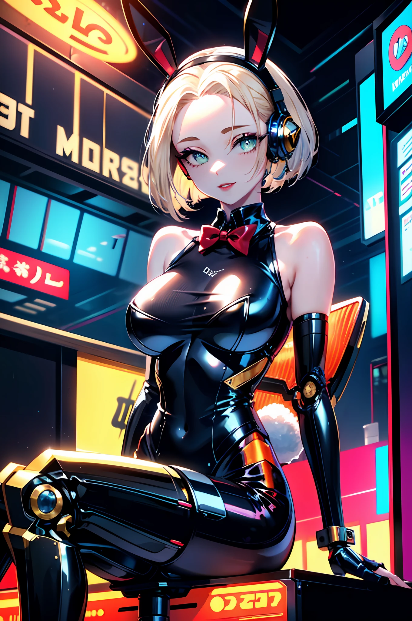 Top quality, intricate detail, super detailed, accurate depiction, highly detailed 8k wallpaper, beautiful mechanical woman, solo, (half closed eyes, green eyes), (masterpiece eyes:1.5), BREAK, seductive smile, (mechanical bunny girl: 1.3), (black exoskeleton leotard: 1.5), (golden color mechanical joints, mechanical arms, mechanical legs:1.2), (exposed armpits), BREAK, (long eyelashes, red lips), bowtie, rabbit ear headphones, rabbit tail, (blonde hair, bob cut), (forehead:1.3), BREAK, Flat_Chest, Huge_breasts, wide_lower back, (5fingers, 4fingers and 1thumb), BREAK, cyberpunk, (bar), bar counter and round chairs, wine, whiskey, bourbon, neon signboard, (arms behind back), sitting, crossed legs,