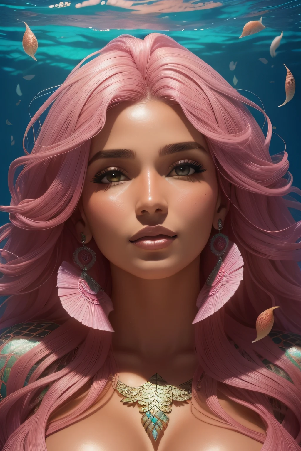 mulher branca , uma sereia, flowing pink hair, coberto de conchas e algas, muitos peixes, oceano, rosto perfeito, , beautifull lips, warm lighting with scales on the body