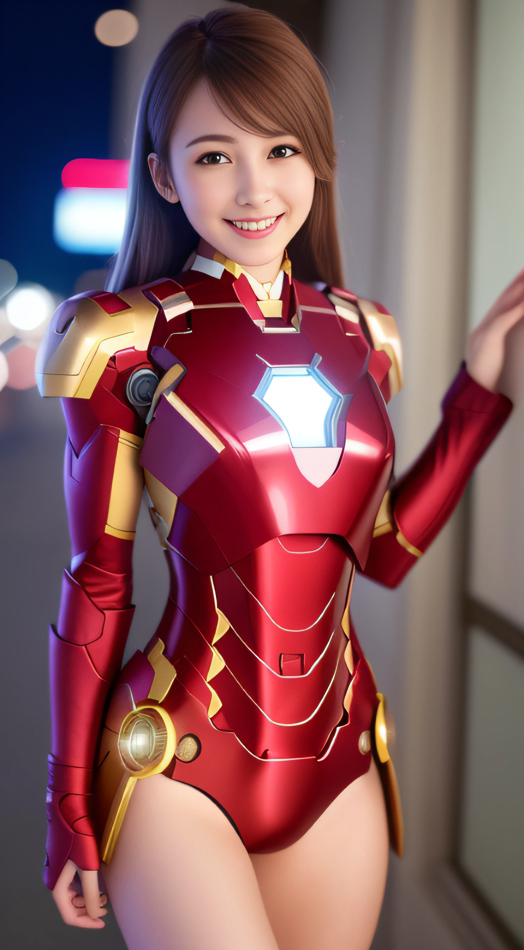 (8K, RAW photo:1.2),Best quality, 超A high resolution, Highly detailed,intricately details,Masterpiece,Ultra-detailed,illustration,A high resolution,Soft light,
1 girl , (highly detailed upper body dressed as iron man),((Show beautiful whole legs and side thighs)) ,Medium breasts, (Light brown hair:1), Detailed face, Cinematic,City, Night, view the viewer, pastel colour, Soft cinematic light, intricately details, Hyper-detailing, Masterpiece, hdr, Sharp focus, High quality, filmgrain,(Smiling face:1.5)