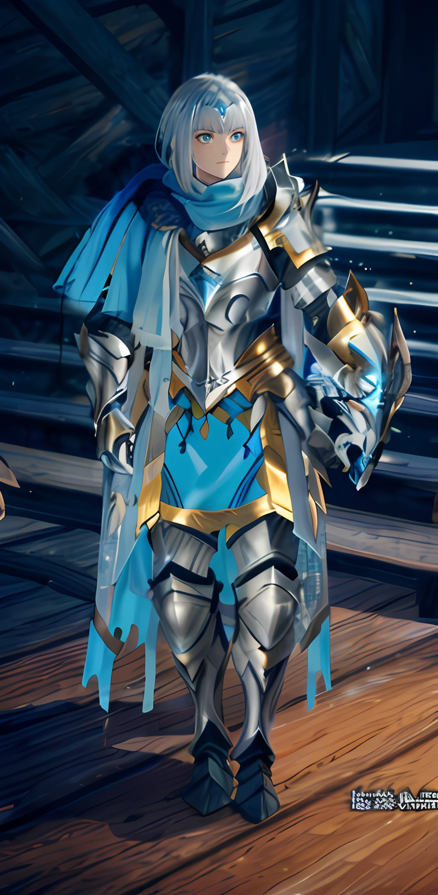 Close-up of a woman in armor wearing a scarf on a wooden floor looking to the right, sliver ice color reflected armor, in monster hunter armor, blue and ice silver color armor, the golden cat armor knight, clothed in ethereal battle armor, silver and gold heavy armor, Epic Paladin armor, pale blue armor, glowing lights in armor, dressed in light armor