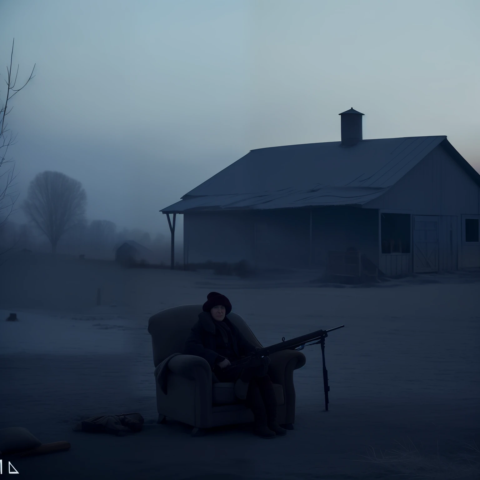 a lonely farm in a cold place, a lady sitting in her armchair, a gentleman holding a rifle, peaceful atmosphere, dusk, cold, anarchy atmosphere. photography.