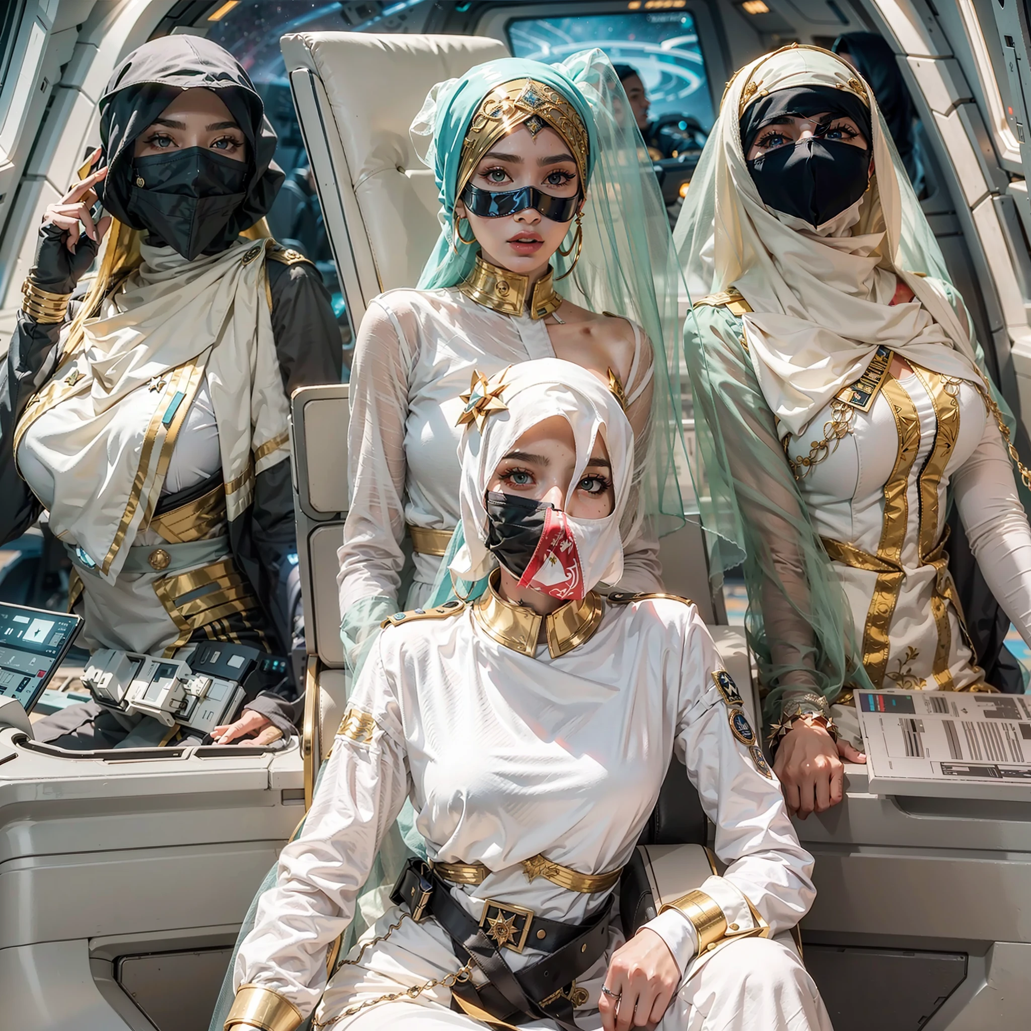 Arabic version《Star-Trek》，Female version《Star-Trek》，Arab female version of James，Arabic hijab，Veil masked，Arabian luxury Starfleet uniform，Sitting in the cockpit of the Enterprise，The Arab women's version of Spock and the Arab women's version of McCoy，Wear an Arabic headscarf，Veil masked，Wearing an Arabian luxury uniform，Stand behind him，The Arabic version of the Enterprise sails in space，High-tech and Arabic style，All high-tech masks are worn