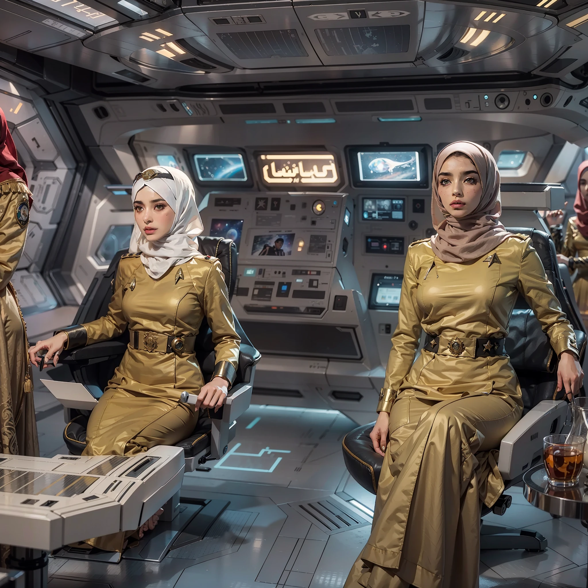 Arabic version《Star-Trek》,Female version《Star-Trek》,Arab female version of James,Arabic hijab,Veil masked,Arabian luxury Starfleet uniform,Sitting in the cockpit of the Enterprise,The Arab women's version of Spock and the Arab women's version of McCoy,Wear an Arabic headscarf,Veil masked,Wearing an Arabian luxury uniform,Stand behind him,The Arabic version of the Enterprise sails in space,High-tech and Arabic style,All high-tech masks are worn