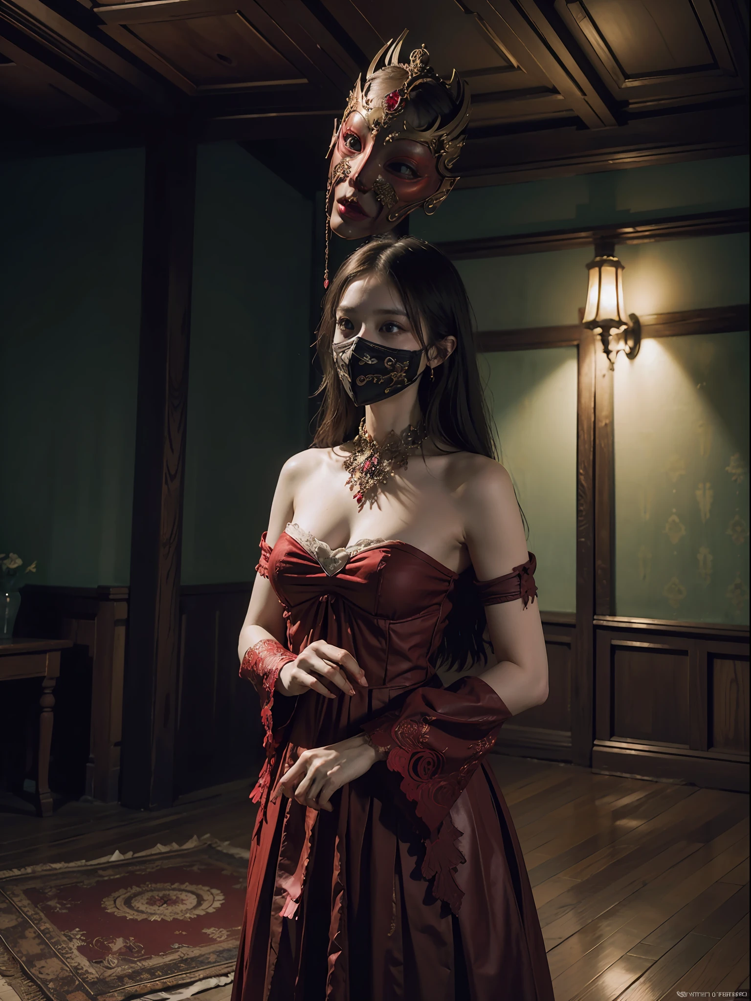 "(ultra-detailed CG unity 8k wallpaper, masterpiece, best quality, depth of field, HDR, intricate), The Scarlet Mask, a masterpiece of digital art portraying an enigmatic figure with a mask draped in vibrant red hues. The artwork is characterized by its intricate details and striking composition, exuding an aura of mystery and allure. The use of lighting and shadows adds depth and intensity to the scene, creating a captivating atmosphere. The overall aesthetic is reminiscent of a surreal dream, with elements of fantasy and darkness intertwined.+"