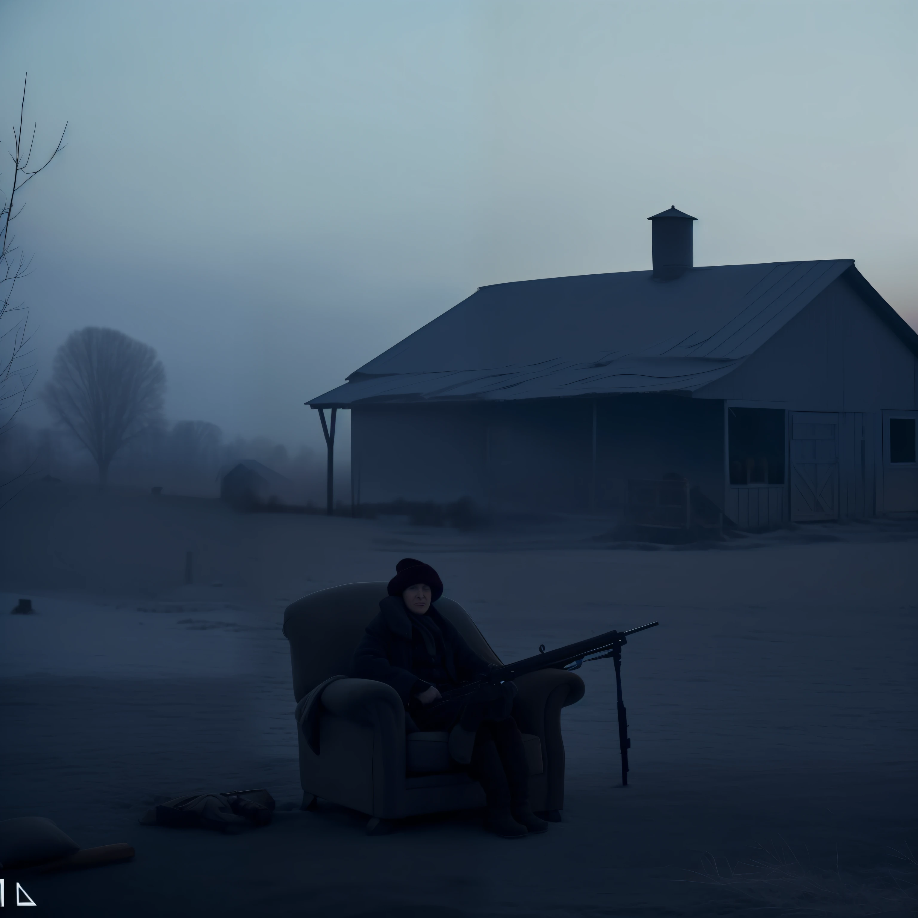 a lonely farm in a cold place, a lady sitting in her armchair, a gentleman holding a rifle, peaceful atmosphere, dusk, cold, anarchy atmosphere. photography.