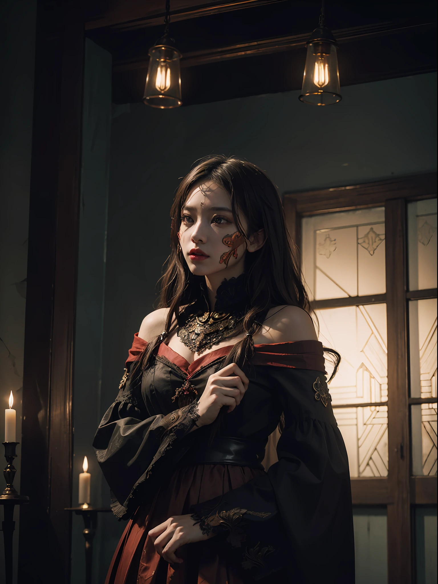 "(ultra-detailed CG unity 8k wallpaper, masterpiece, best quality, depth of field, HDR, intricate), The Scarlet Mask, a masterpiece of digital art portraying an enigmatic figure with a mask draped in vibrant red hues. The artwork is characterized by its intricate details and striking composition, exuding an aura of mystery and allure. The use of lighting and shadows adds depth and intensity to the scene, creating a captivating atmosphere. The overall aesthetic is reminiscent of a surreal dream, with elements of fantasy and darkness intertwined.+"
