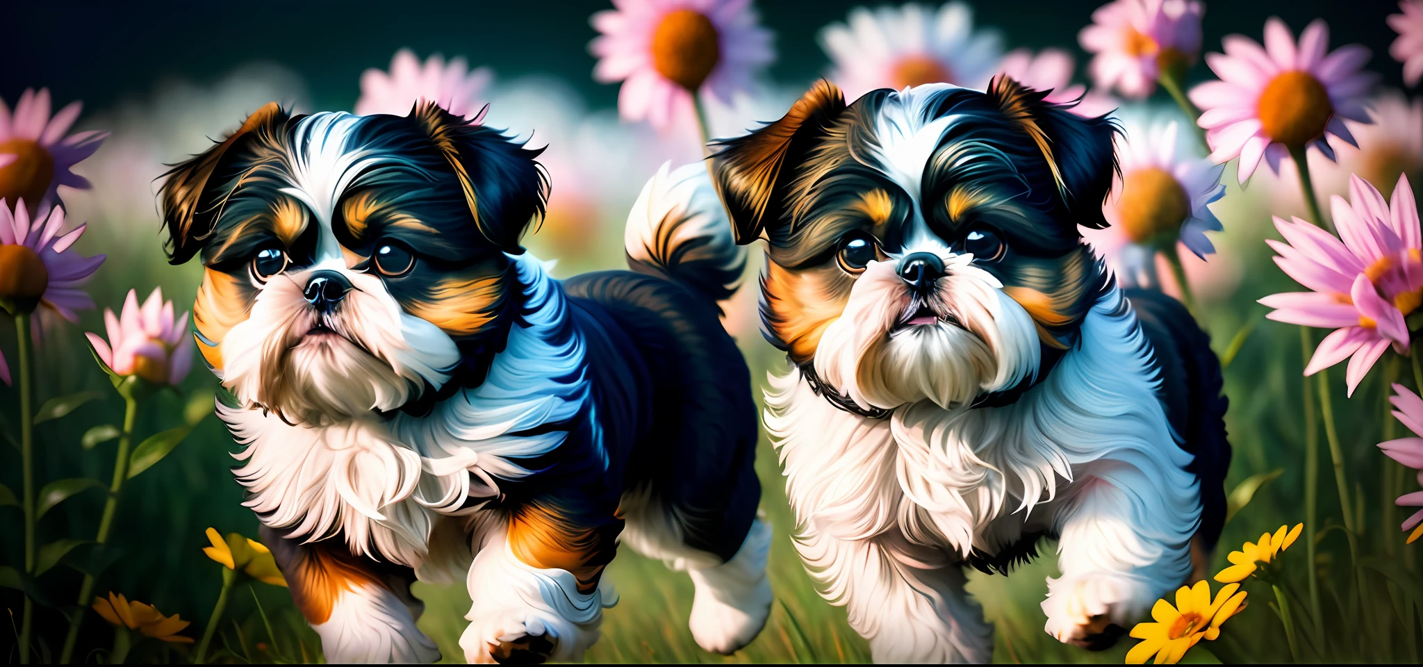 ((anime dog shih tzu running through a field of flowers)))), photorealistic, photo, masterpiece, realistic, realism, photorealism, high contrast, digital art photorealistic trend on Artstation 8k HD high definition detailed realistic, detailed, skin texture, hyper detailed, realistic skin texture, armor, best quality, ultra high resolution, (photorealistic: 1.4), high resolution, detailed, raw photo, sharp re, by lee jeffries nikon d850 film photography 4 kodak portra 400 Camera F1.6 Rich Lens Colors Realistic Texture Hyper Realistic Dramatic Lighting Unreal Engine Trend on Artstation Cinestill 800,
