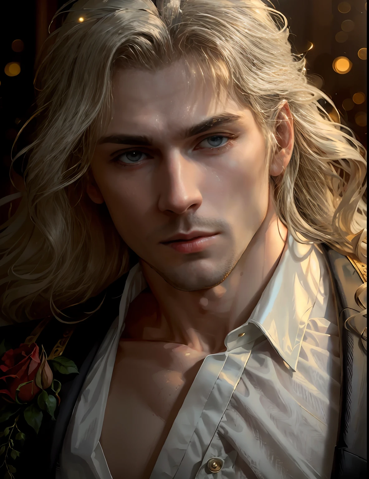 masterpiece, highest quality, (solo focus), (detailed perfect face:1.1), (intricate detail:1.1),dramatic, 1guy, (pale skin), long white hair, white eyes, ((light eyebrows)), solo, long hair,, gorgeous man in a white luxury suit, covered navel, pouty lips, roses, detailed background, ((realistic)), ((best quality)), ((masterpiece)), art by artgerm and greg rutkowski,  cinematic lighting,