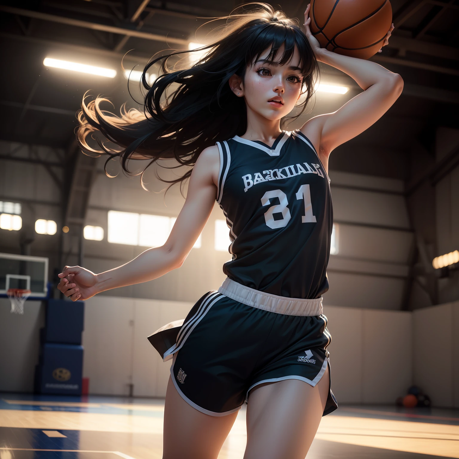 (8k, best quality, masterpiece:1.2), (realistic, photo-realistic:1.37), ultra-detailed,best quality, ultra high res, professional lighting, photon mapping, radiosity, physically-based rendering, cinematic lighting, basketball court,depth of field, sharp focus,sunbeam, good composition,(bokeh:1.2) 1girl,solo,(full body), (closed mouth),beautiful detailed eyes, pose, narrow waist,basketball uniform, black hair,messy hair,long hair floating in wind,(ulzzang-6500:1.2)
mix4, hiqcgbody