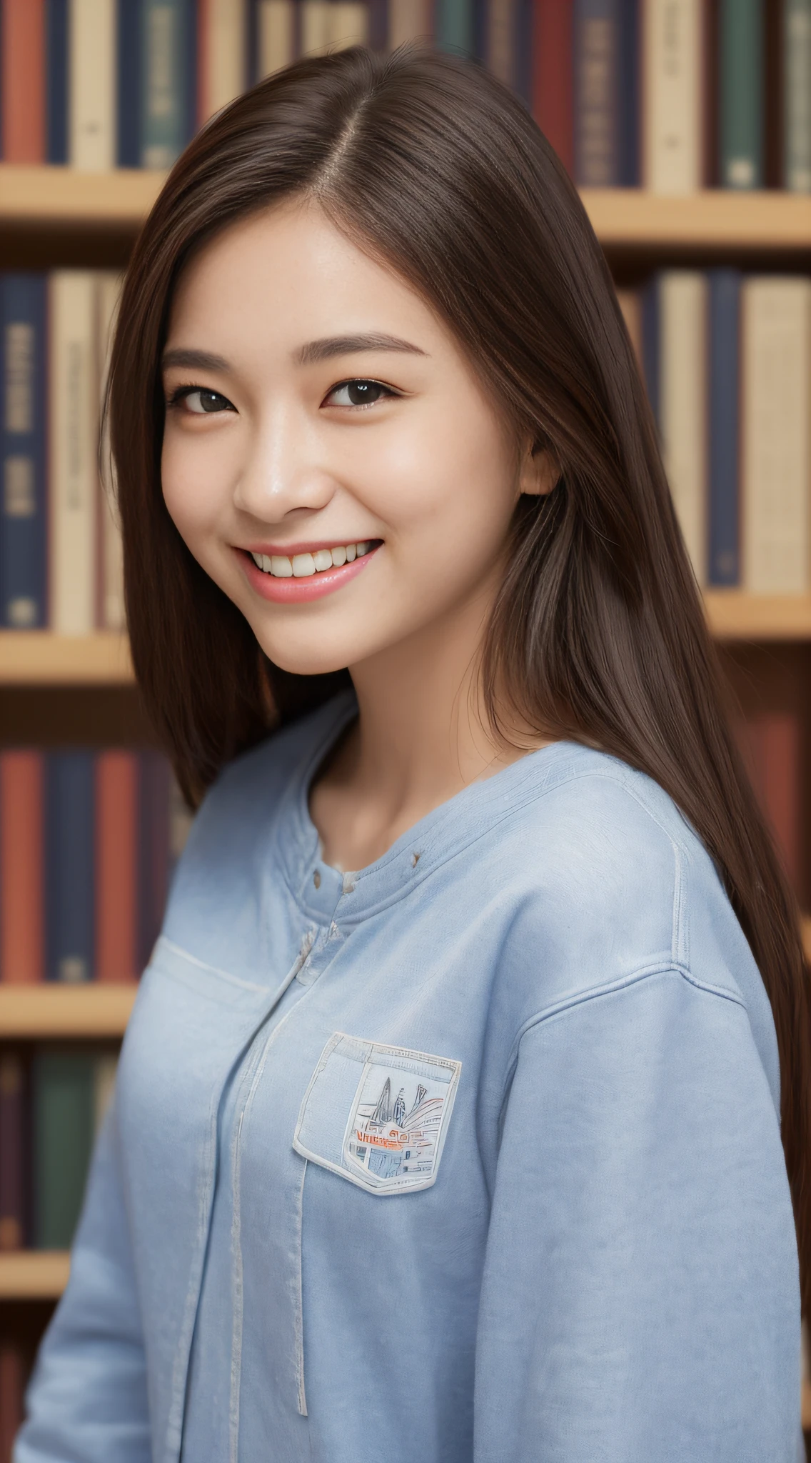 ((top-quality、8K、​masterpiece:1.3))、sharp:1.2、Perfect Body Beauty:1.4、Slim abs:1.2、Big、Beautiful face、A smile、((Female college student、Casual clothing:1.3))、(Library Background:1.2)、Straight hair、Highly detailed facial and skin texture、A detailed eye、Aspect of looking at the camera、portlate