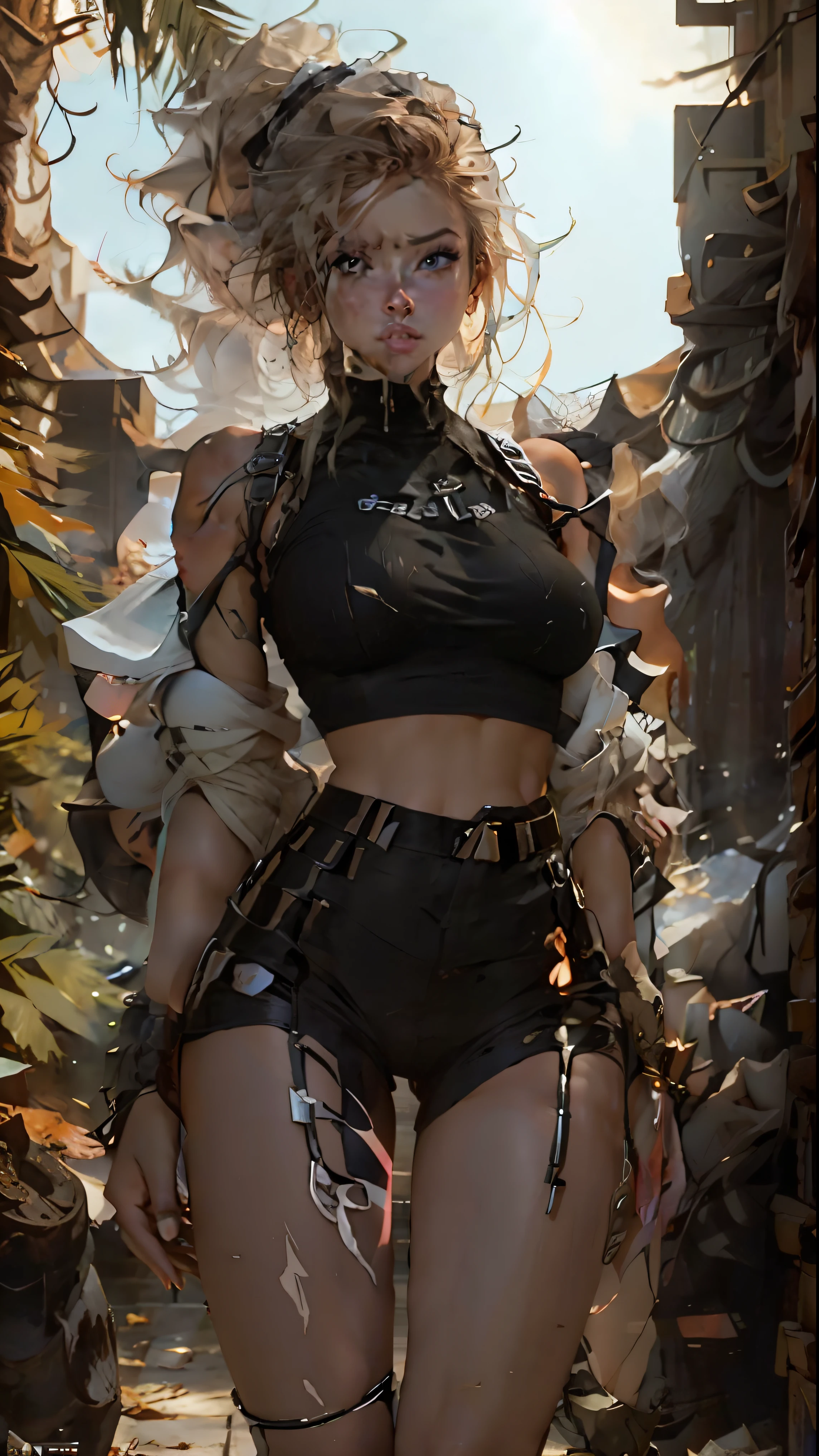Woman body defined thick thighs cybernetic body parts, short underwear